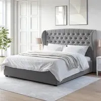 Super King Ottoman Bed with Wings - Grey, Velvet