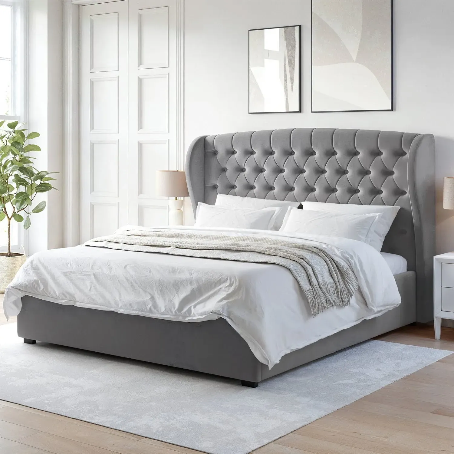 Super King Ottoman Bed with Wings - Grey, Velvet image