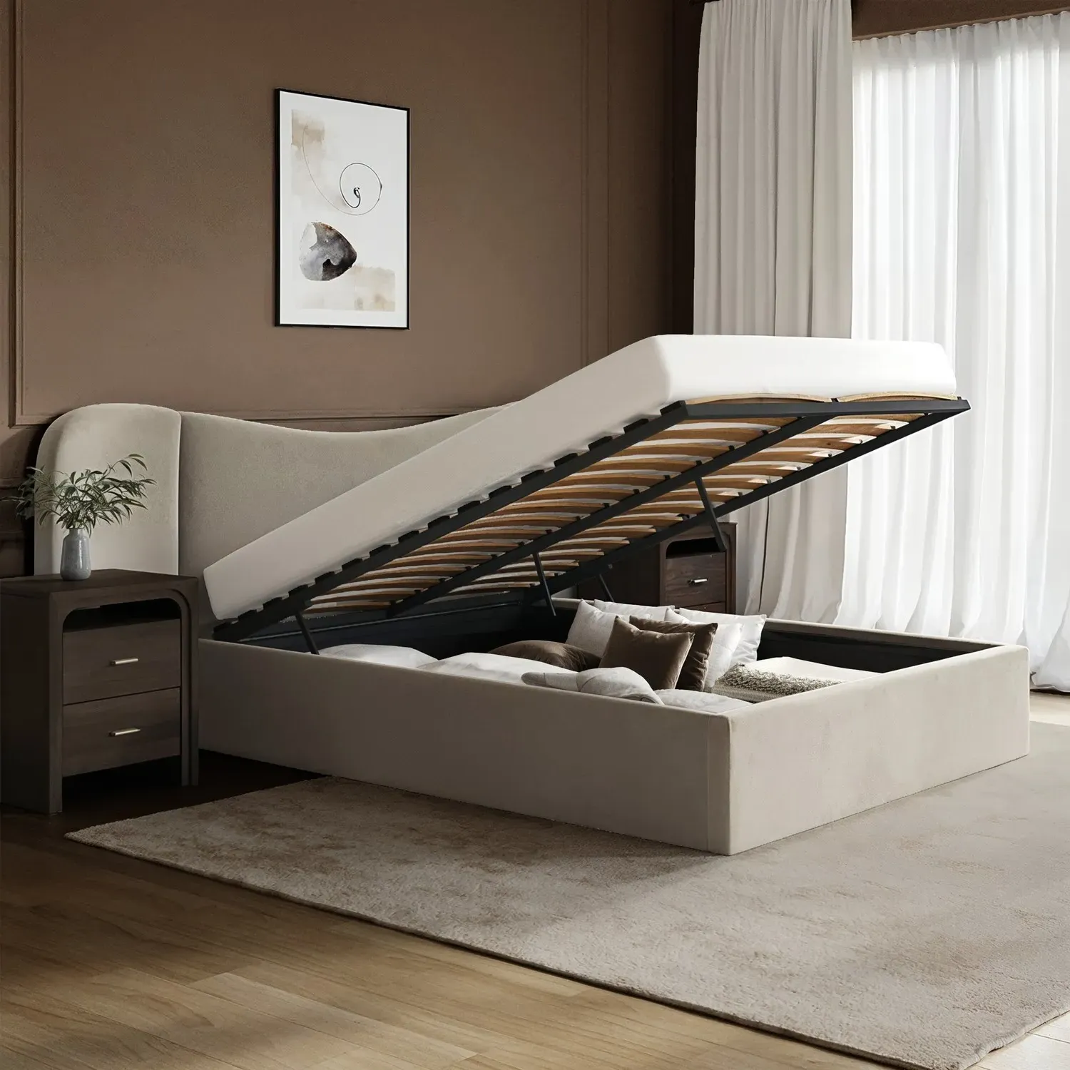 Double Ottoman Bed with Storage - Beige, Velvet