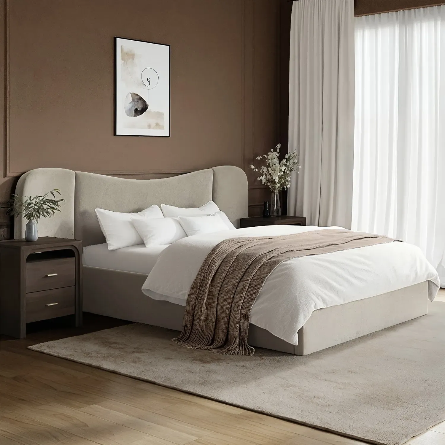 Double Ottoman Bed with Storage - Beige, Velvet