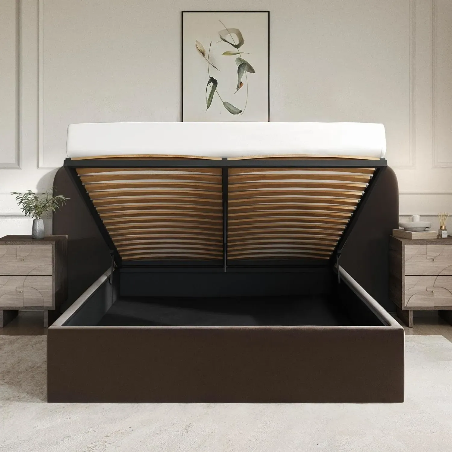 Double Ottoman Bed with Storage - Brown, Velvet