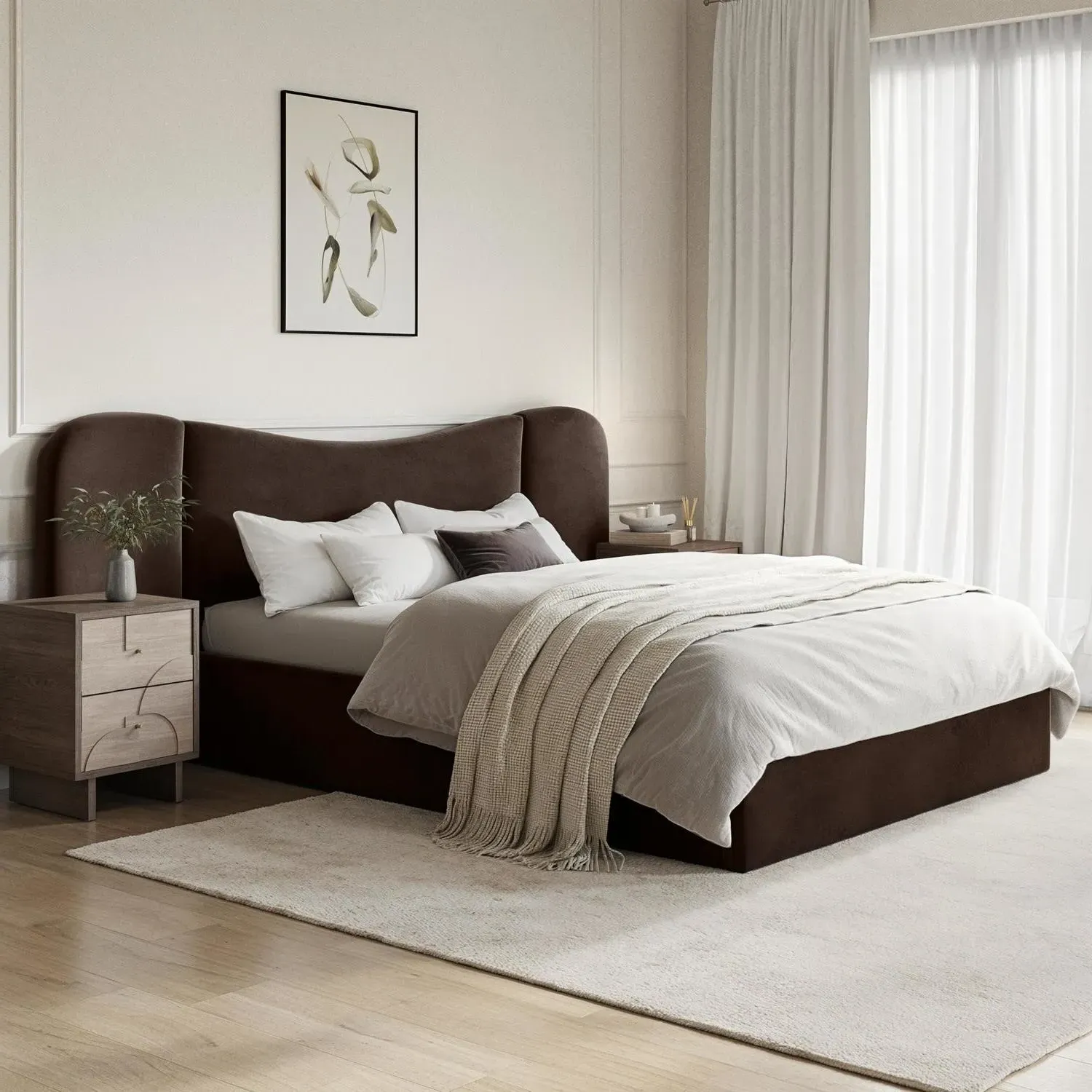 Double Ottoman Bed with Storage - Brown, Velvet