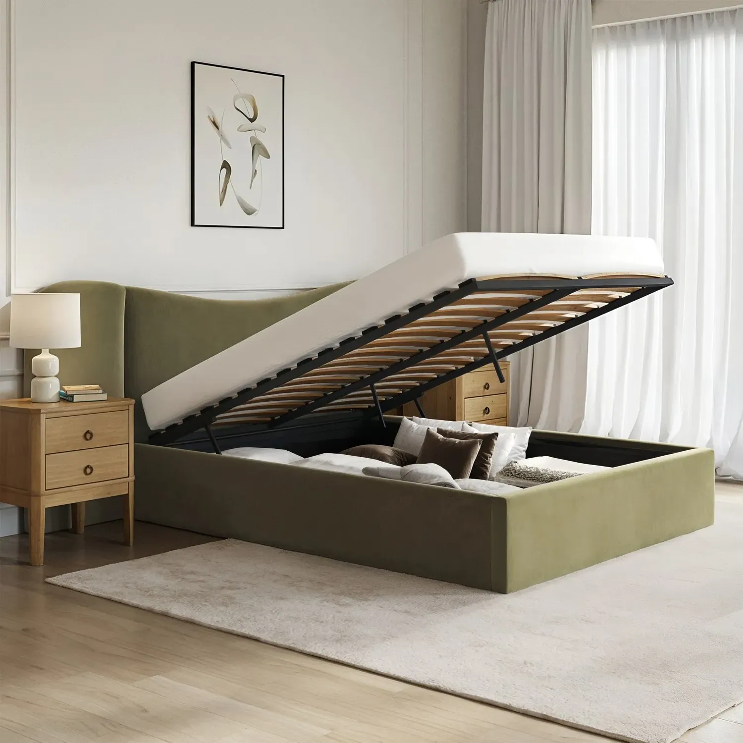 Double Ottoman Bed with Storage - Green, Velvet