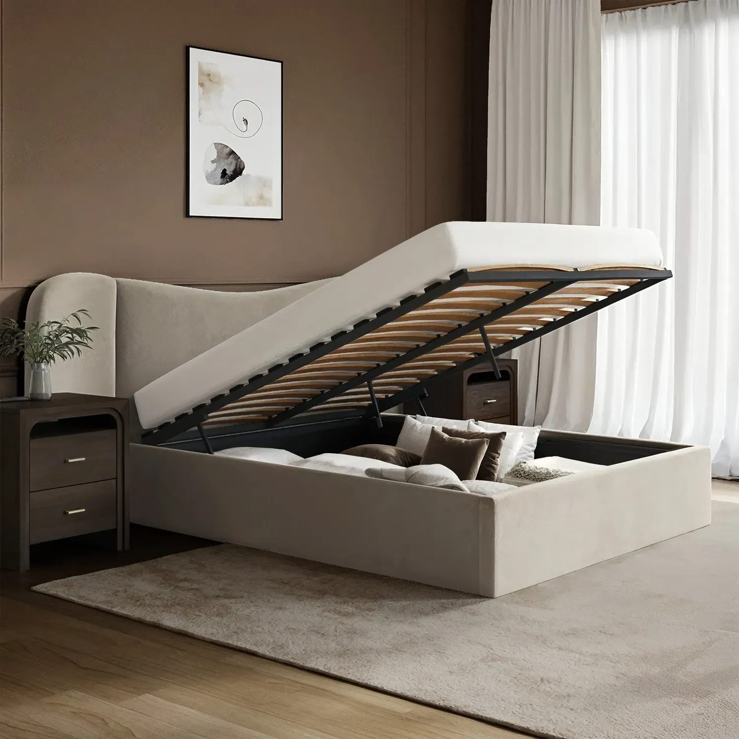 King Size Ottoman Bed with Storage - Beige, Velvet