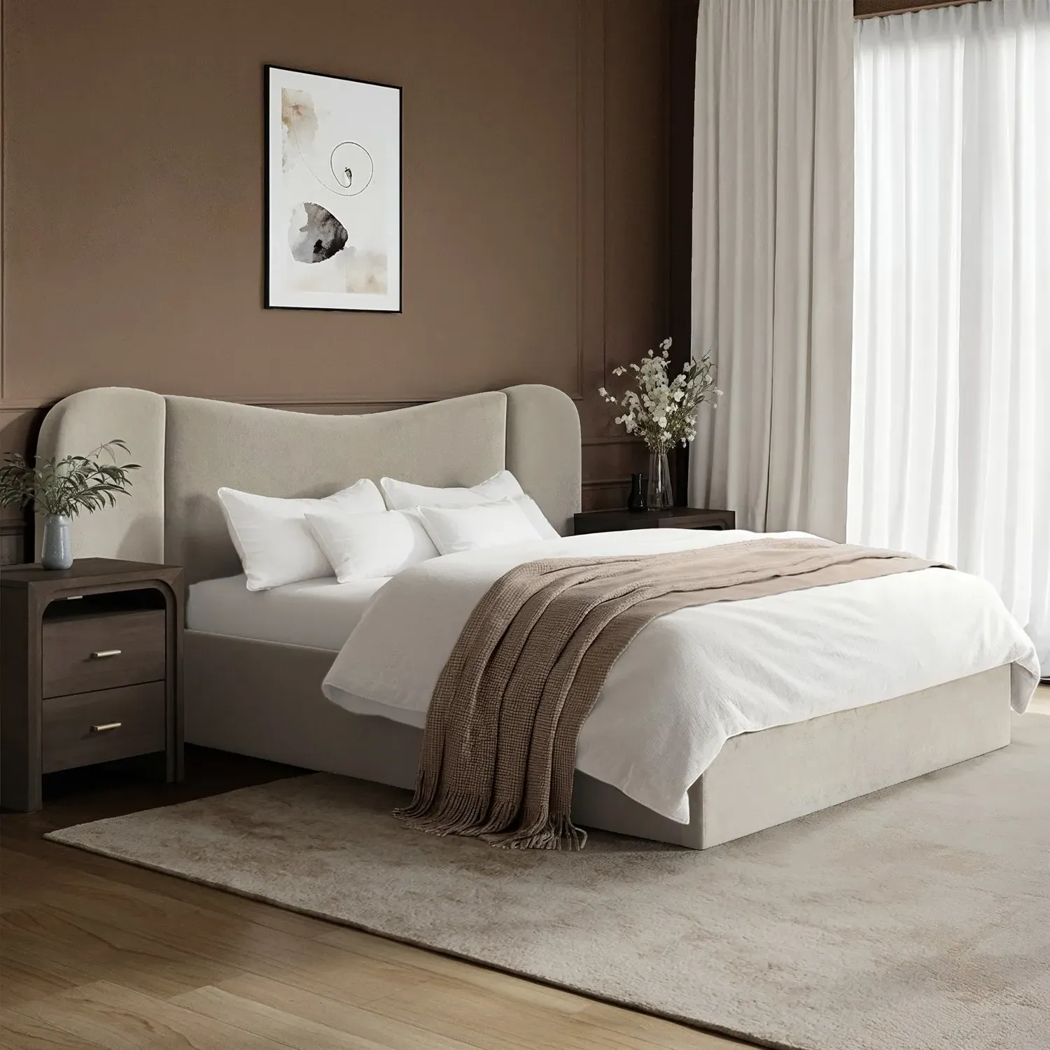 King Size Ottoman Bed with Storage - Beige, Velvet