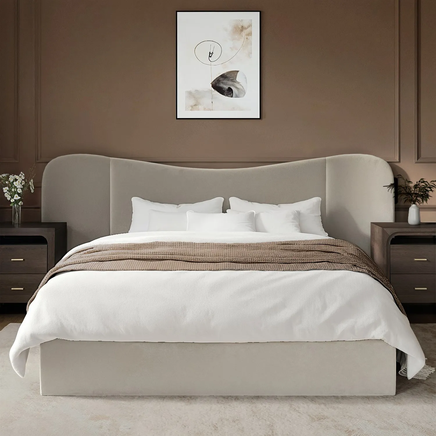 King Size Ottoman Bed with Storage - Beige, Velvet