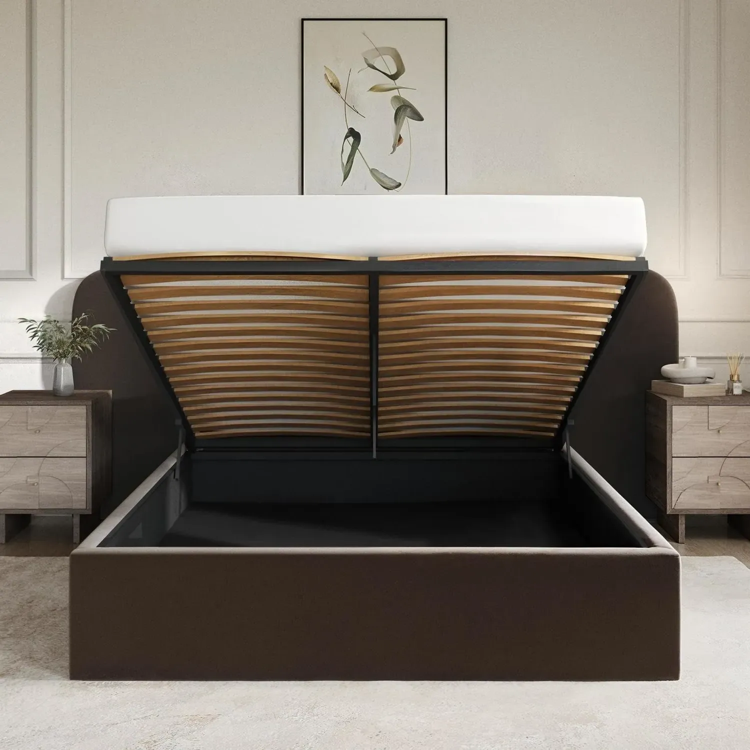 King Size Ottoman Bed with Storage - Brown, Velvet
