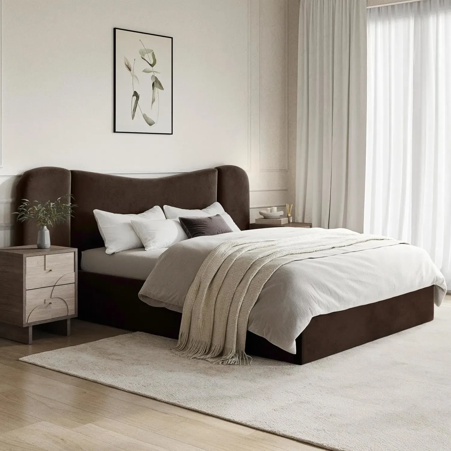 King Size Ottoman Bed with Storage - Brown, Velvet