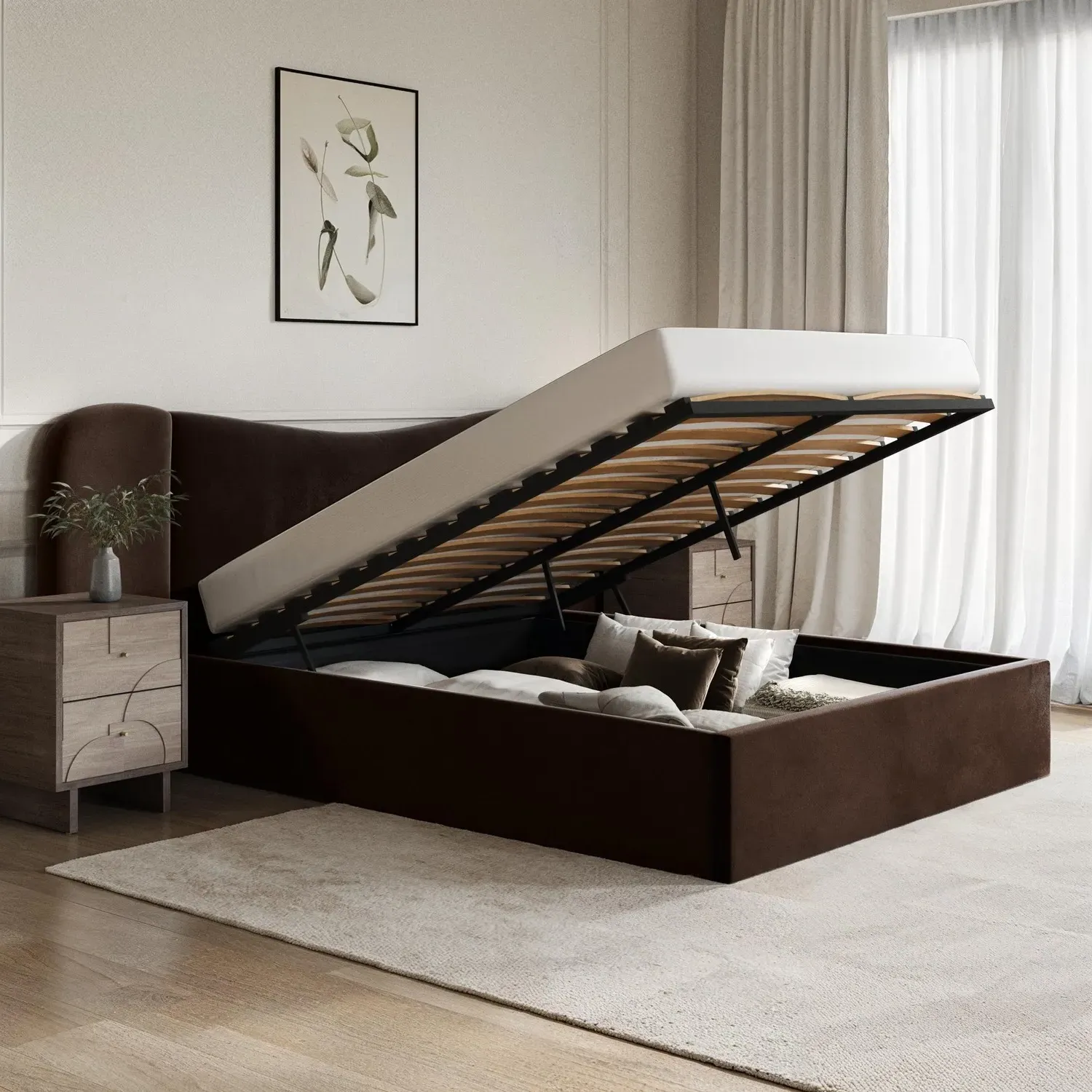 King Size Ottoman Bed with Storage - Brown, Velvet