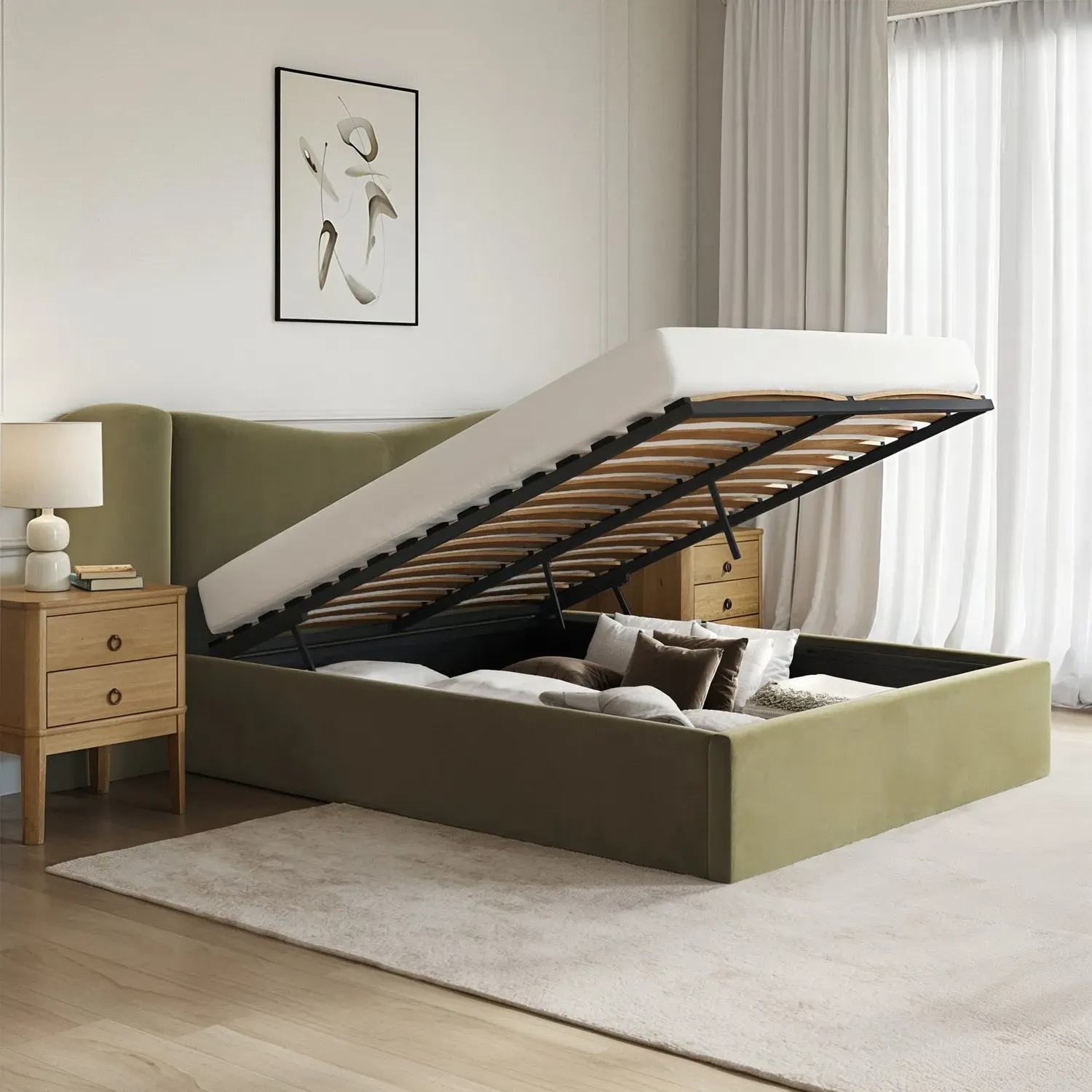 King Size Ottoman Bed with Storage - Green, Velvet