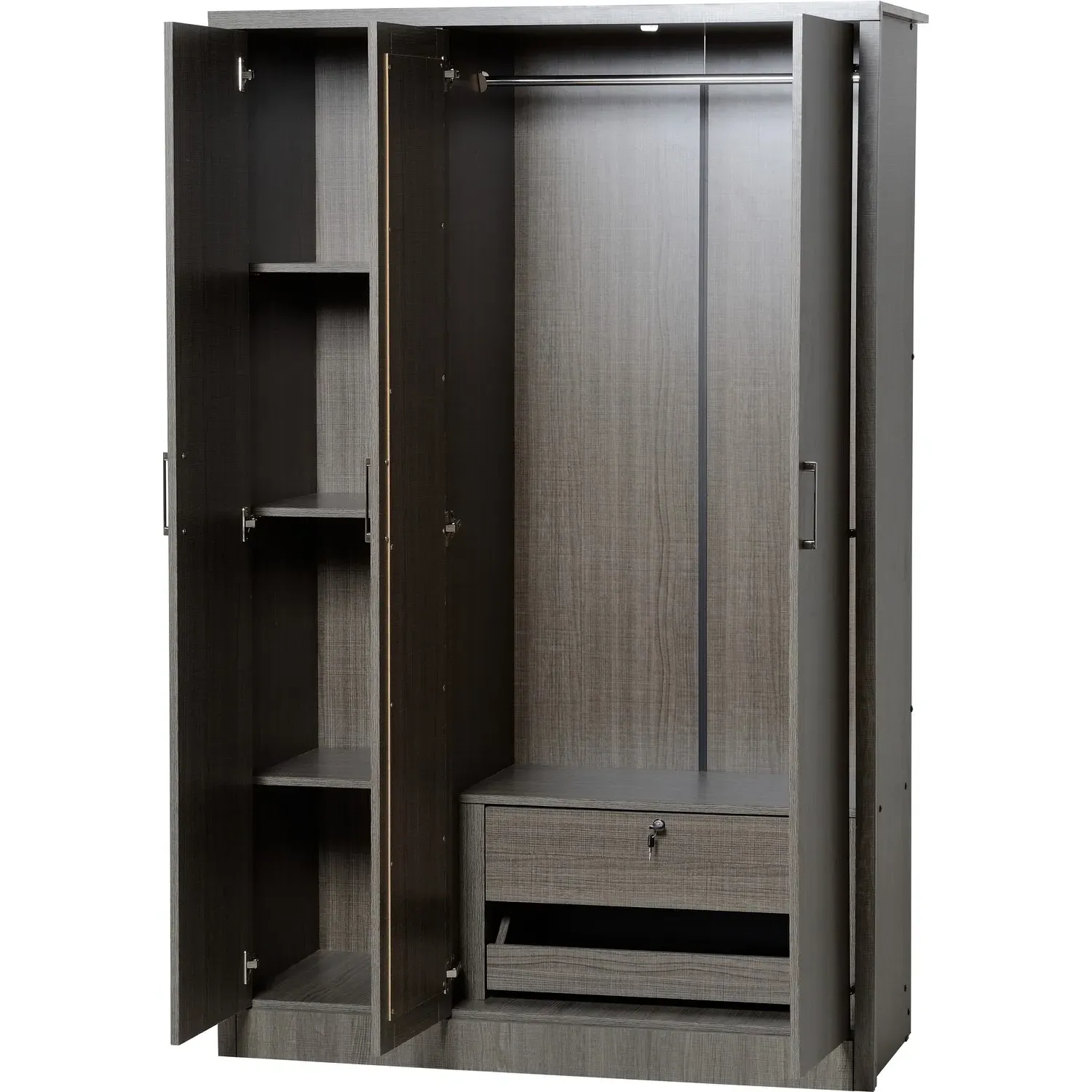 3-Door Triple Mirrored Wardrobe - Black, Oak