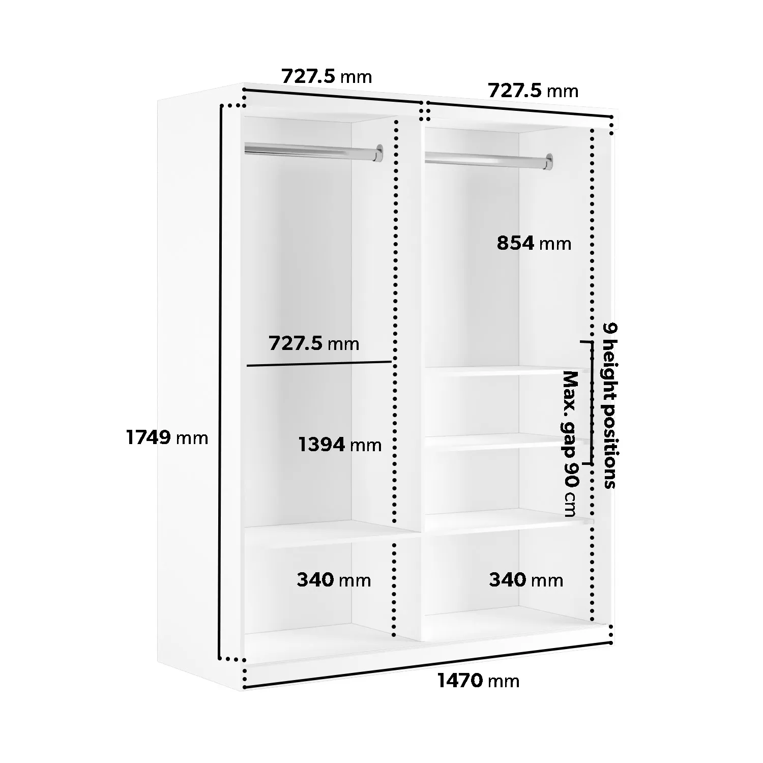 Double Wardrobe with Mirrored Sliding Doors - White