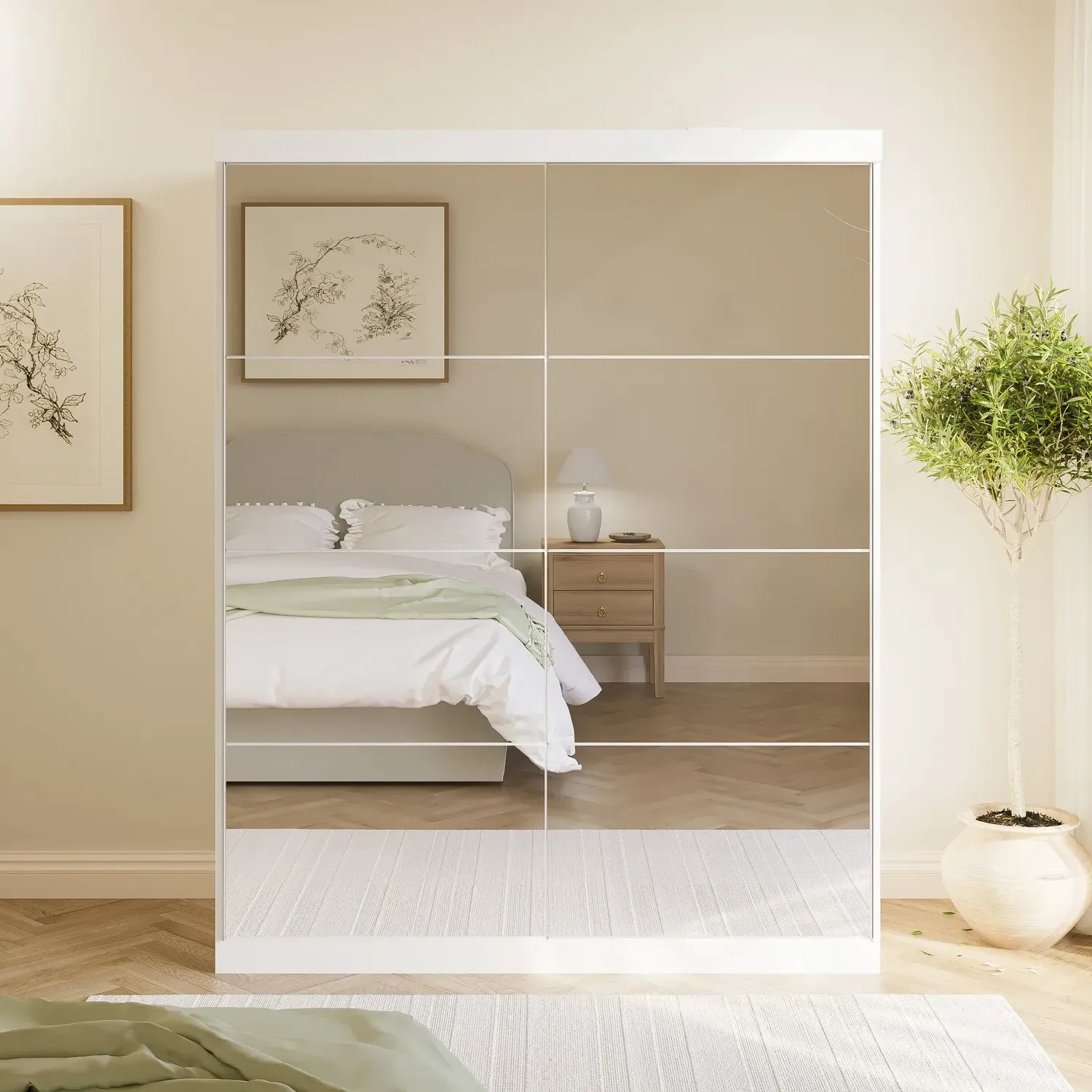Double Wardrobe with Mirrored Sliding Doors - White image