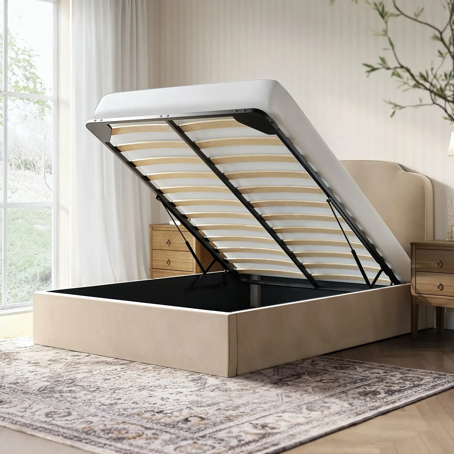 Double Ottoman Bed with Scalloped Headboard - Beige, Velvet