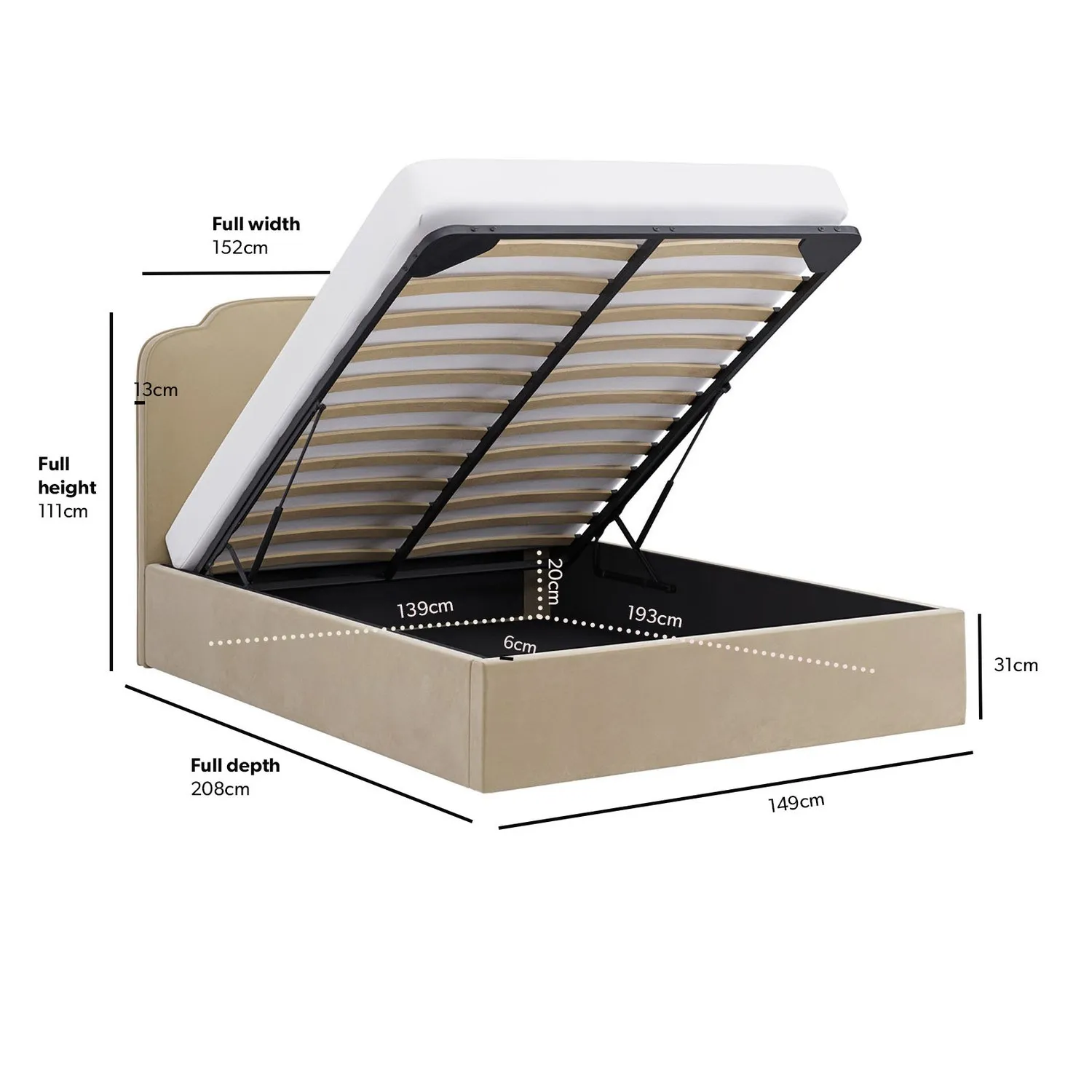 Double Ottoman Bed with Scalloped Headboard - Beige, Velvet