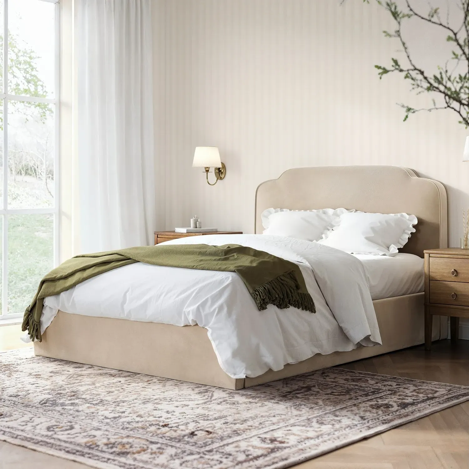 Double Ottoman Bed with Scalloped Headboard - Beige, Velvet image