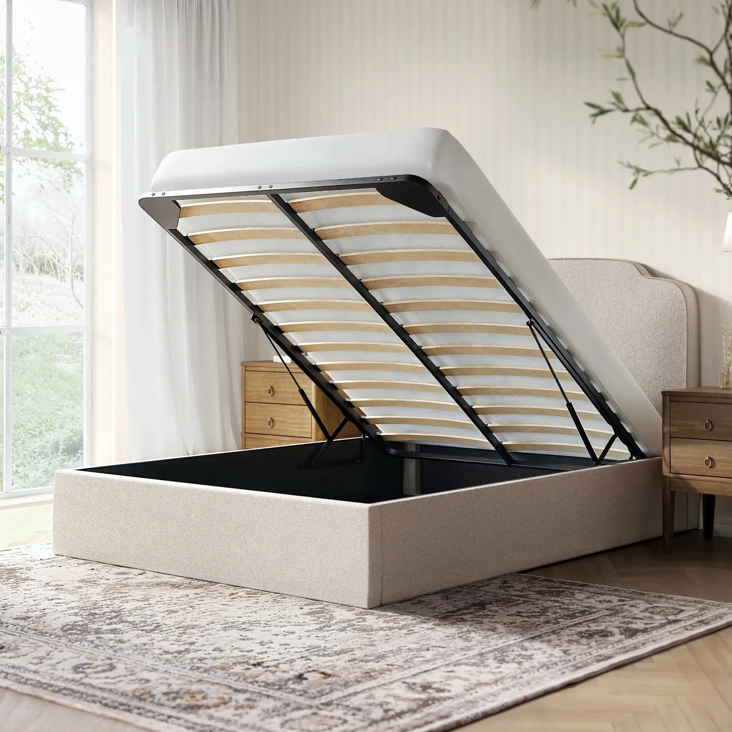 Double Ottoman Bed with Scalloped Headboard - Cream, Fabric