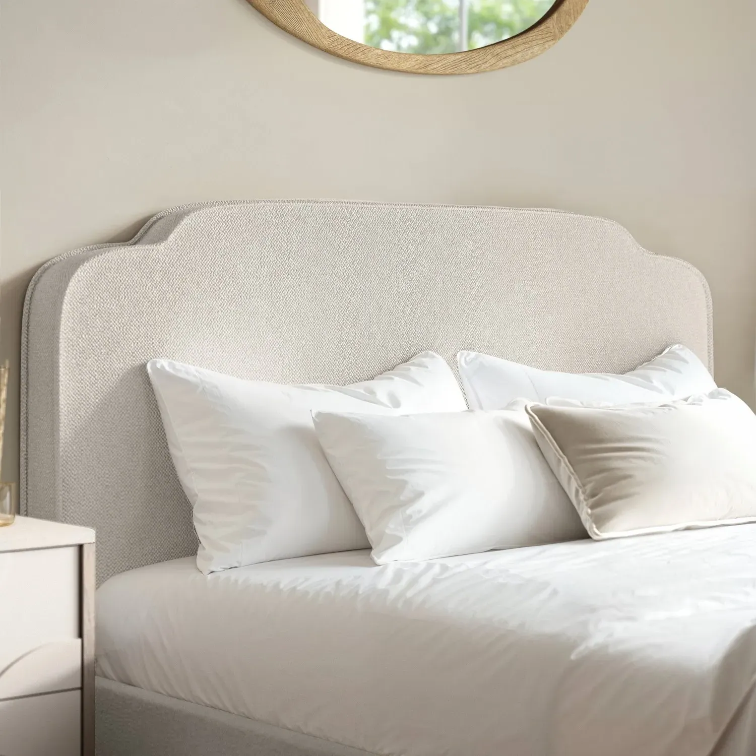 Double Ottoman Bed with Scalloped Headboard - Cream, Fabric