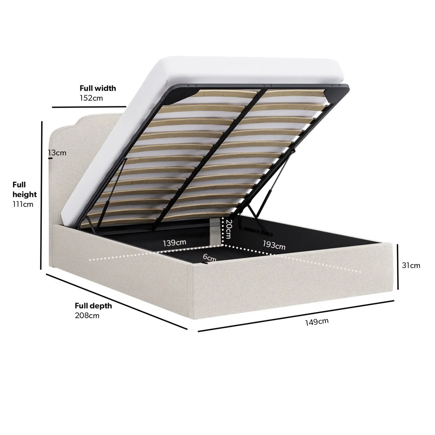 Double Ottoman Bed with Scalloped Headboard - Cream, Fabric