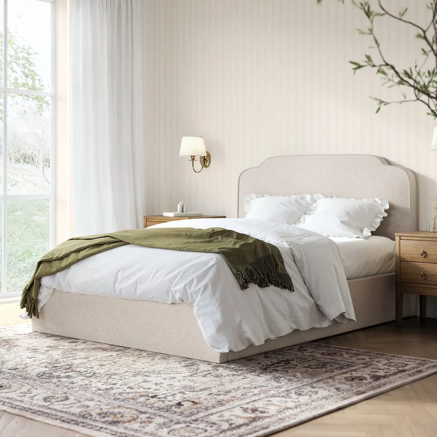 Double Ottoman Bed with Scalloped Headboard - Cream, Fabric image