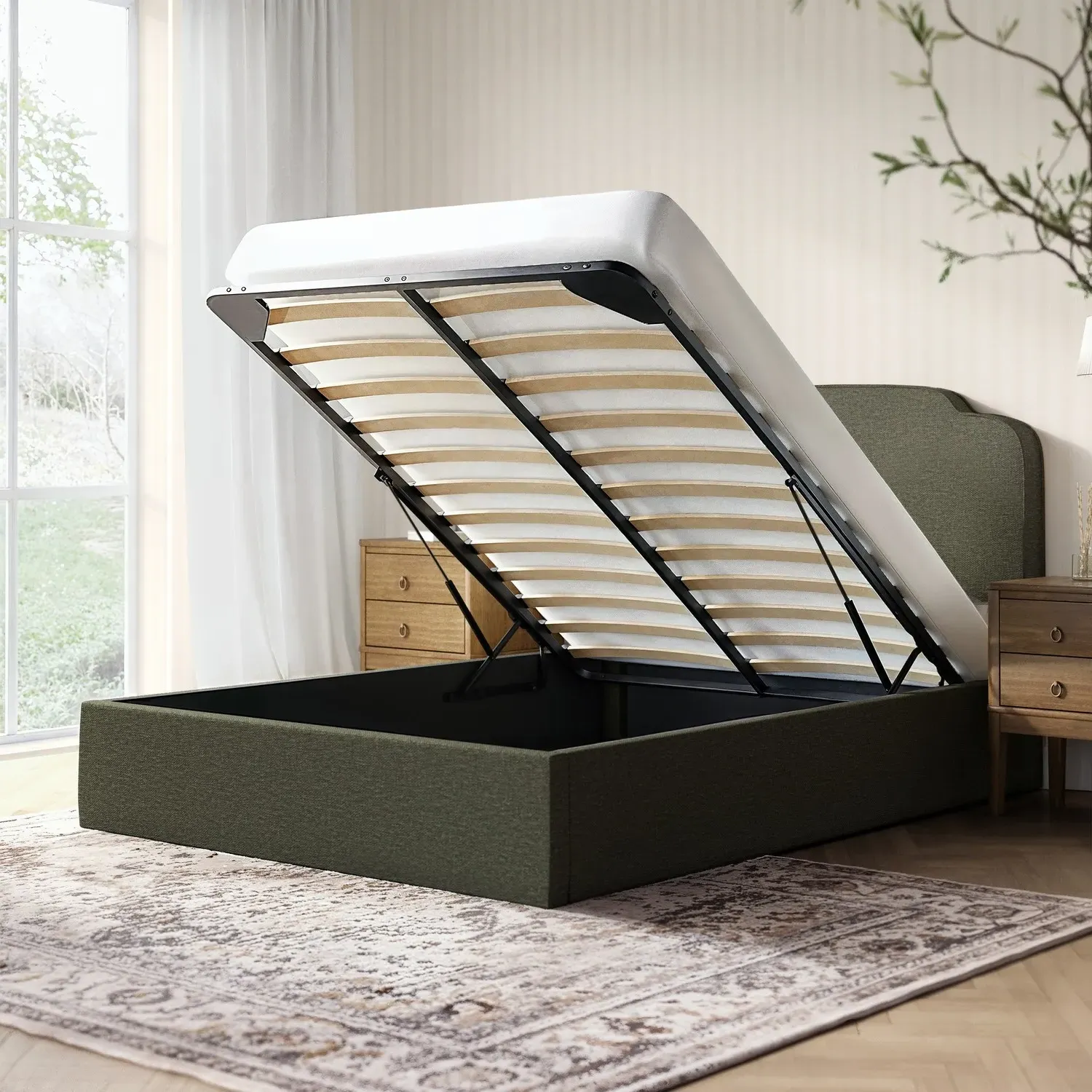 Double Ottoman Bed with Scalloped Headboard - Green, Chenille