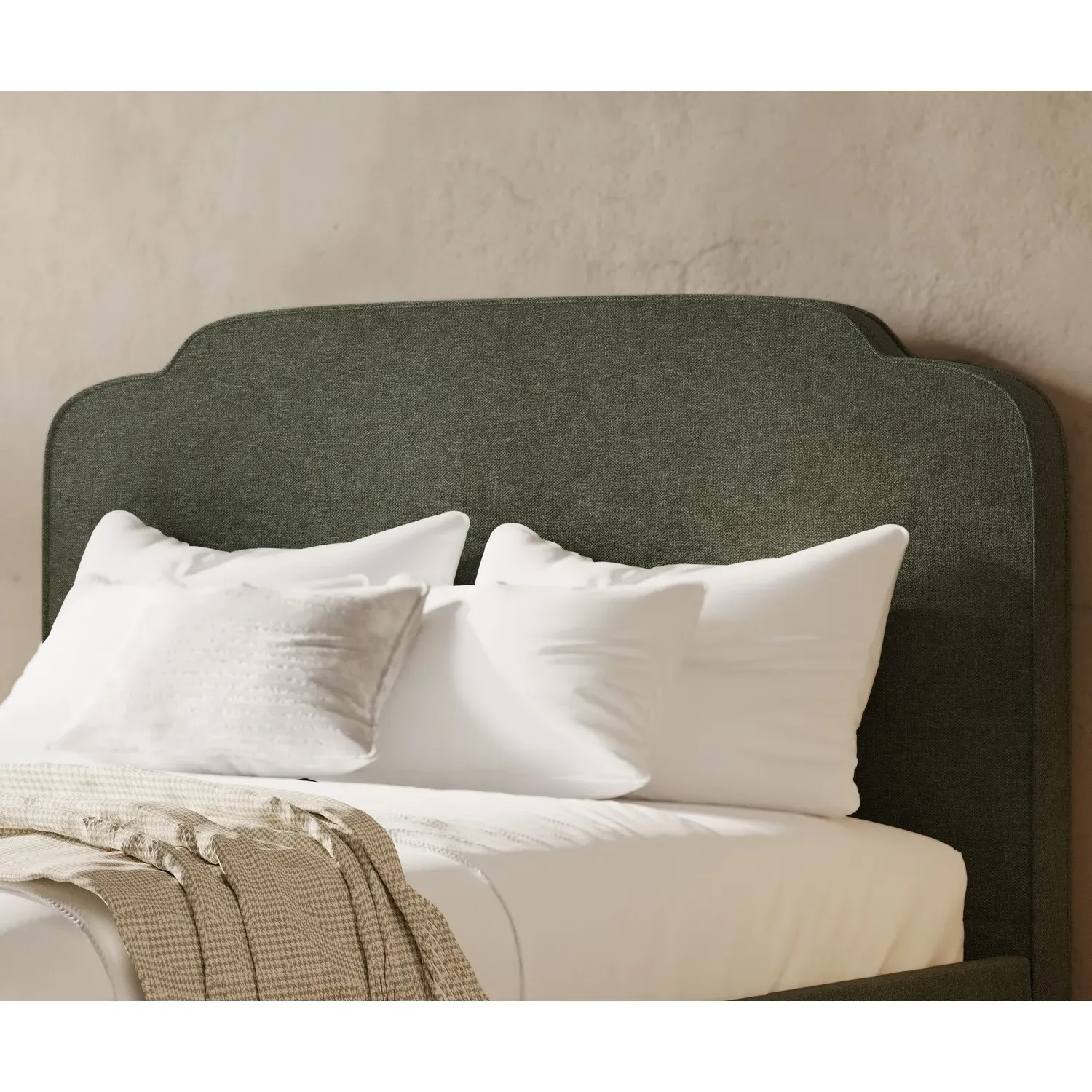 Double Ottoman Bed with Scalloped Headboard - Green, Chenille