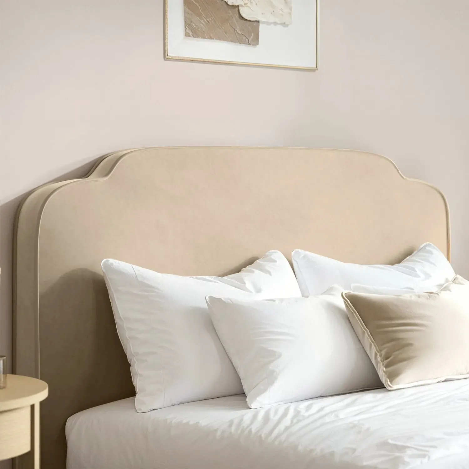 King Size Ottoman Bed with Scalloped Headboard - Beige, Velvet