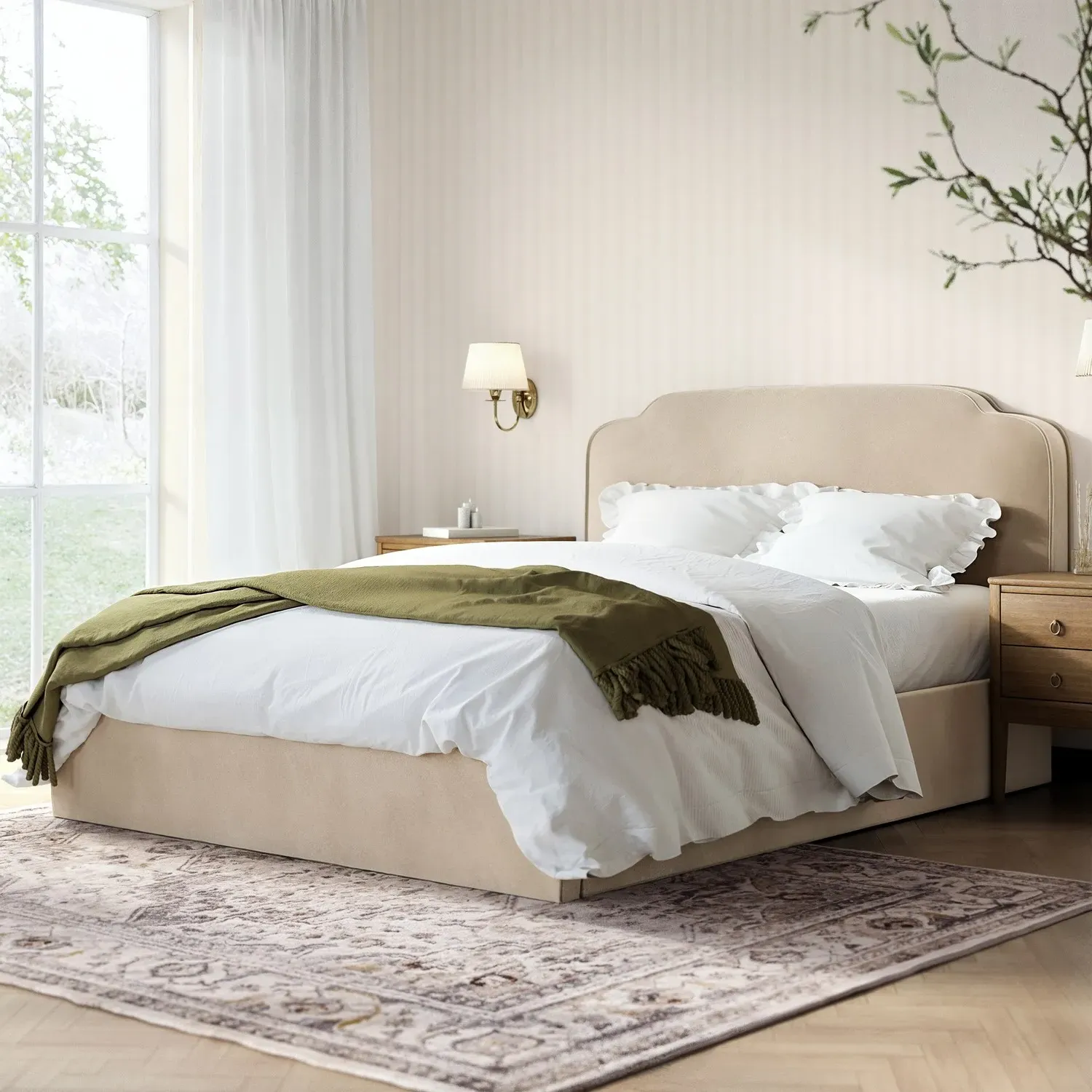 King Size Ottoman Bed with Scalloped Headboard - Beige, Velvet image
