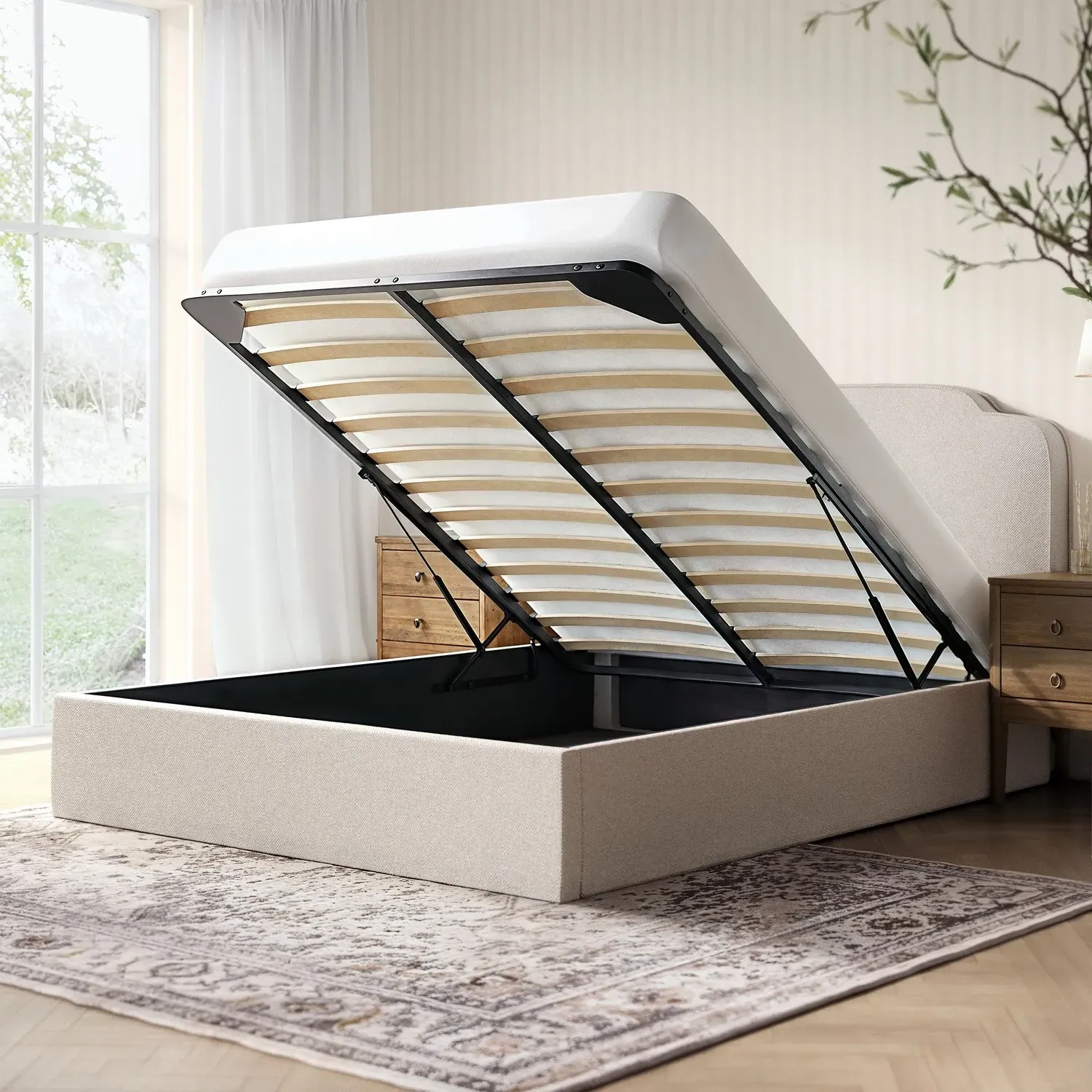 King Size Ottoman Bed with Scalloped Headboard - Cream, Fabric