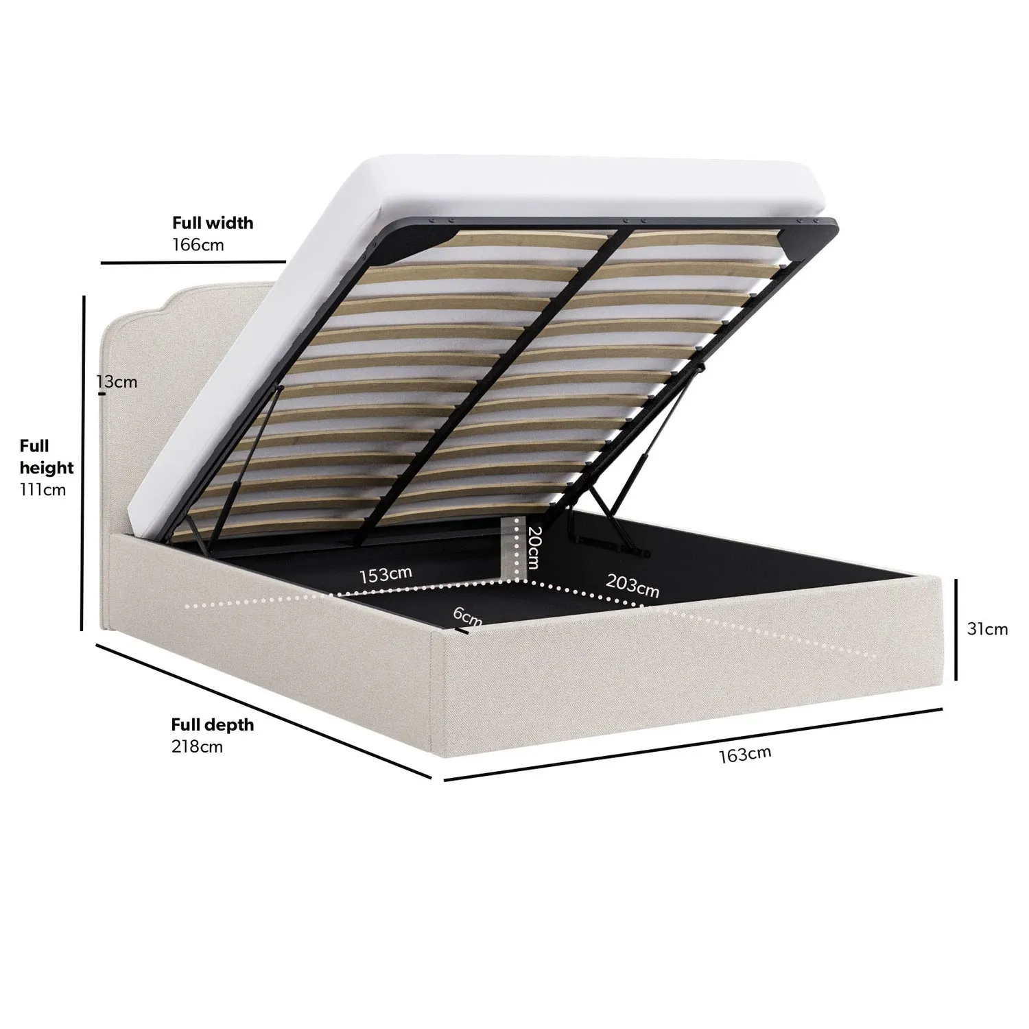 King Size Ottoman Bed with Scalloped Headboard - Cream, Fabric