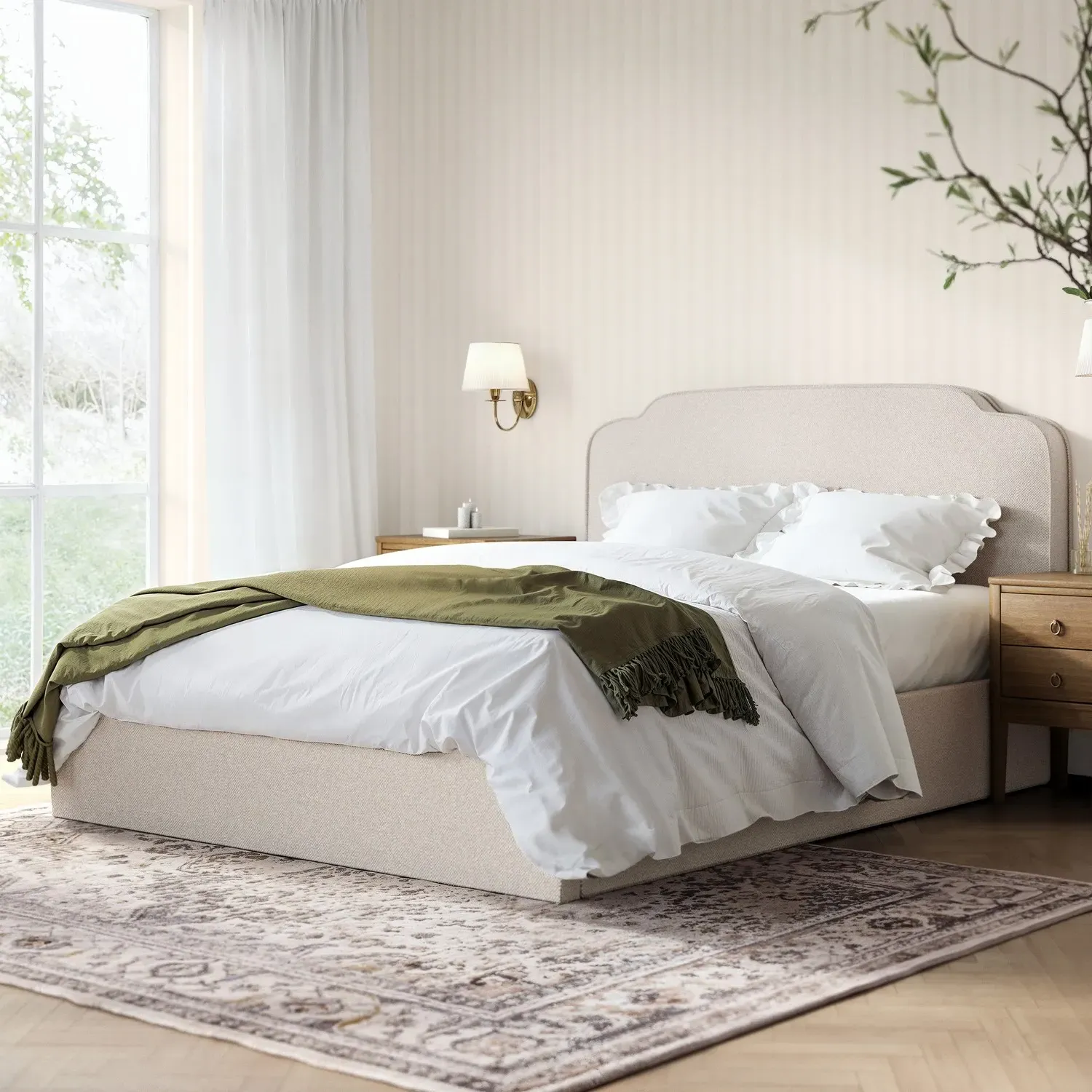 King Size Ottoman Bed with Scalloped Headboard - Cream, Fabric