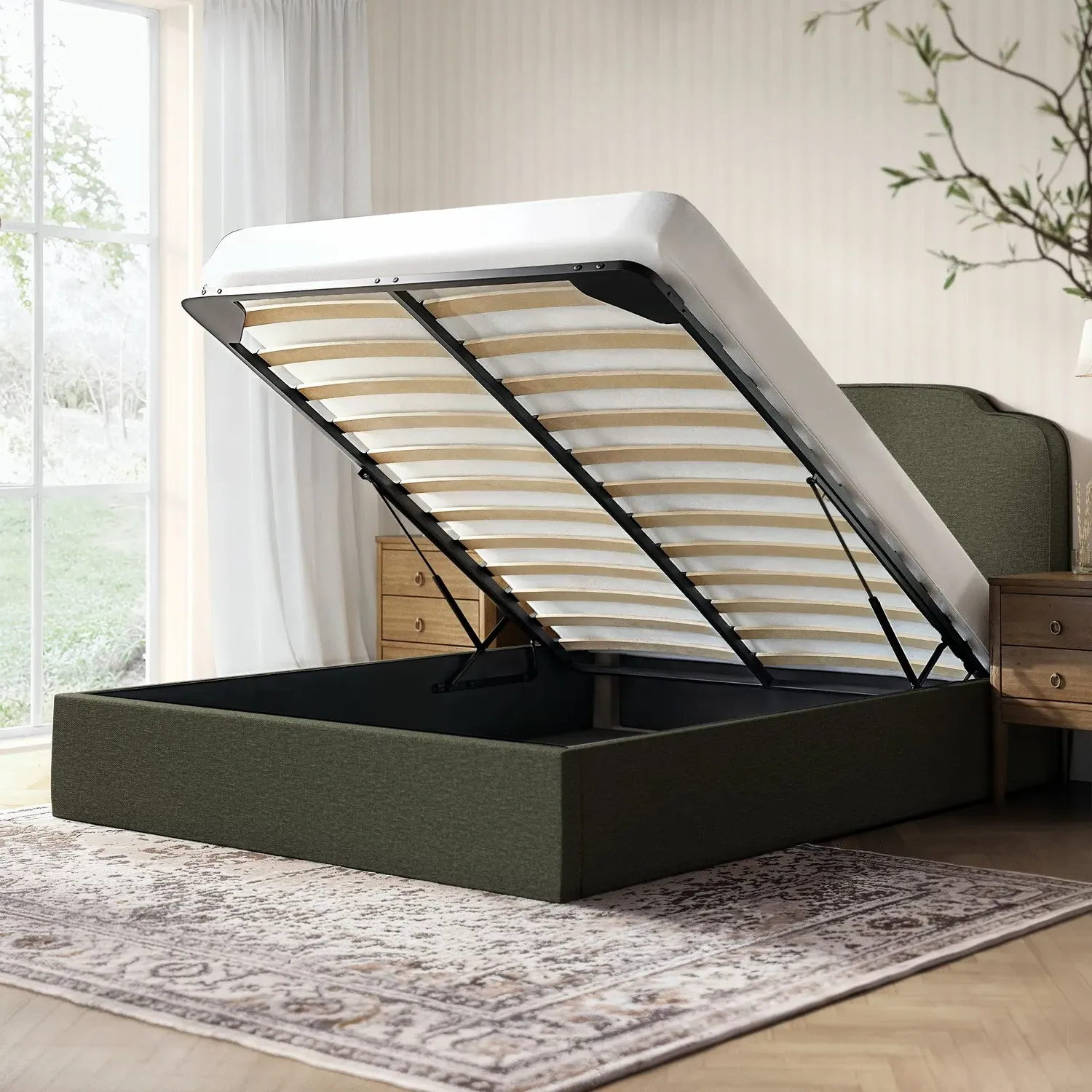 King Size Ottoman Bed with Scalloped Headboard - Green, Chenille