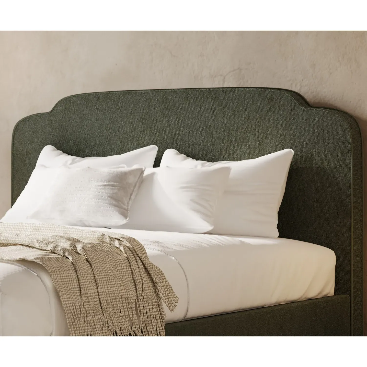 King Size Ottoman Bed with Scalloped Headboard - Green, Chenille