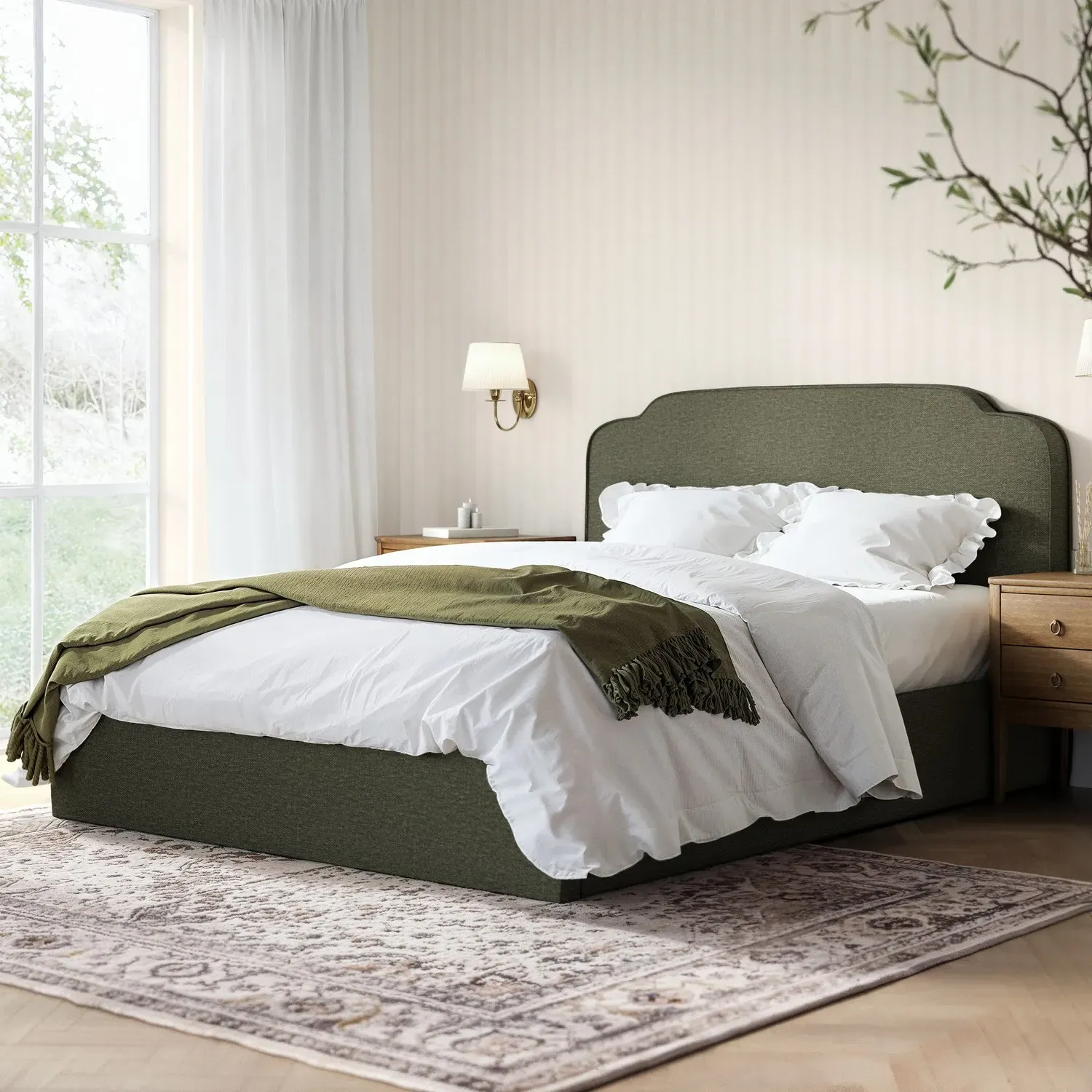 King Size Ottoman Bed with Scalloped Headboard - Green, Chenille