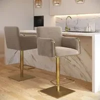 Set of 2 Swivel Bar Stools Adjustable - Mink, Velvet