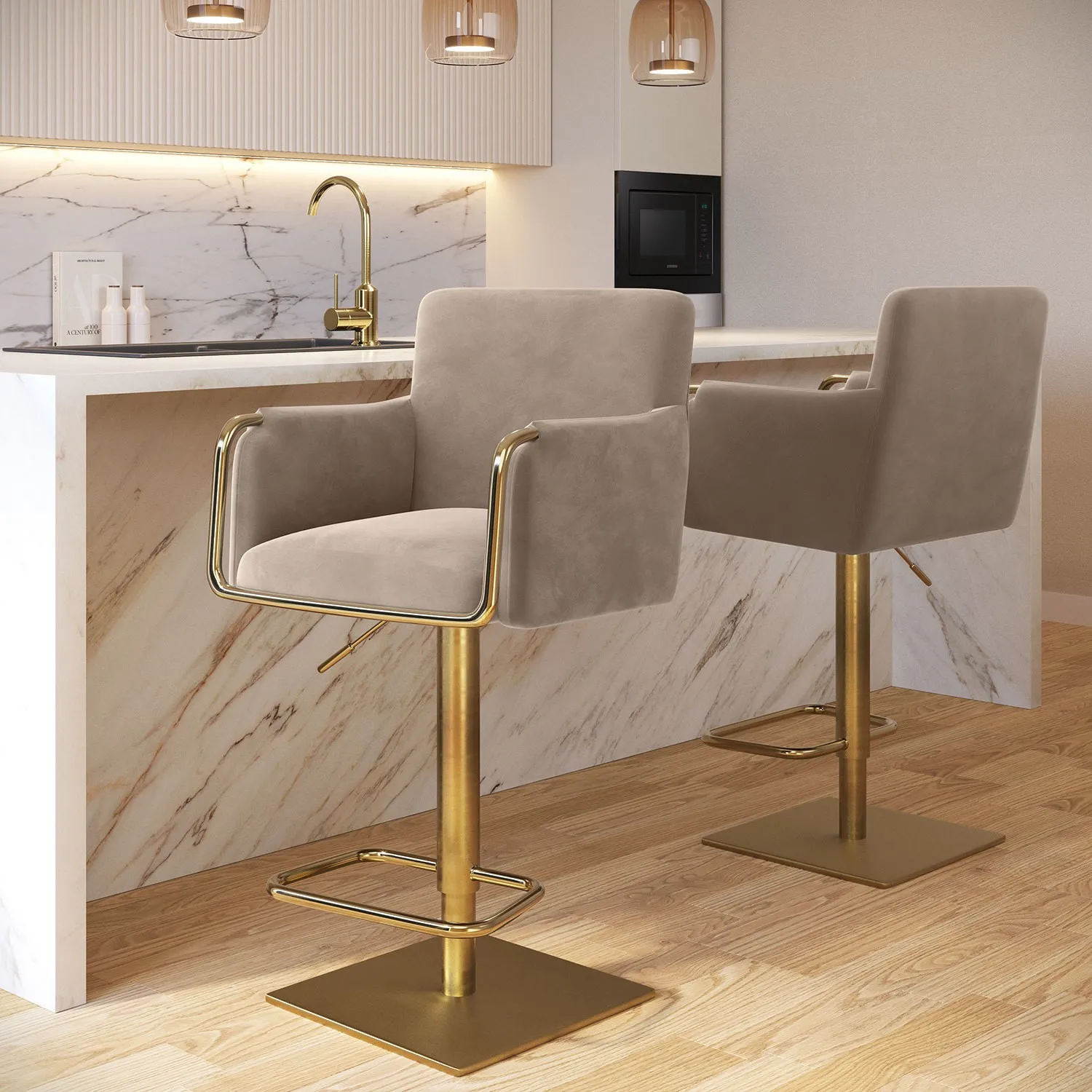 Set of 2 Swivel Bar Stools Adjustable - Mink, Velvet image