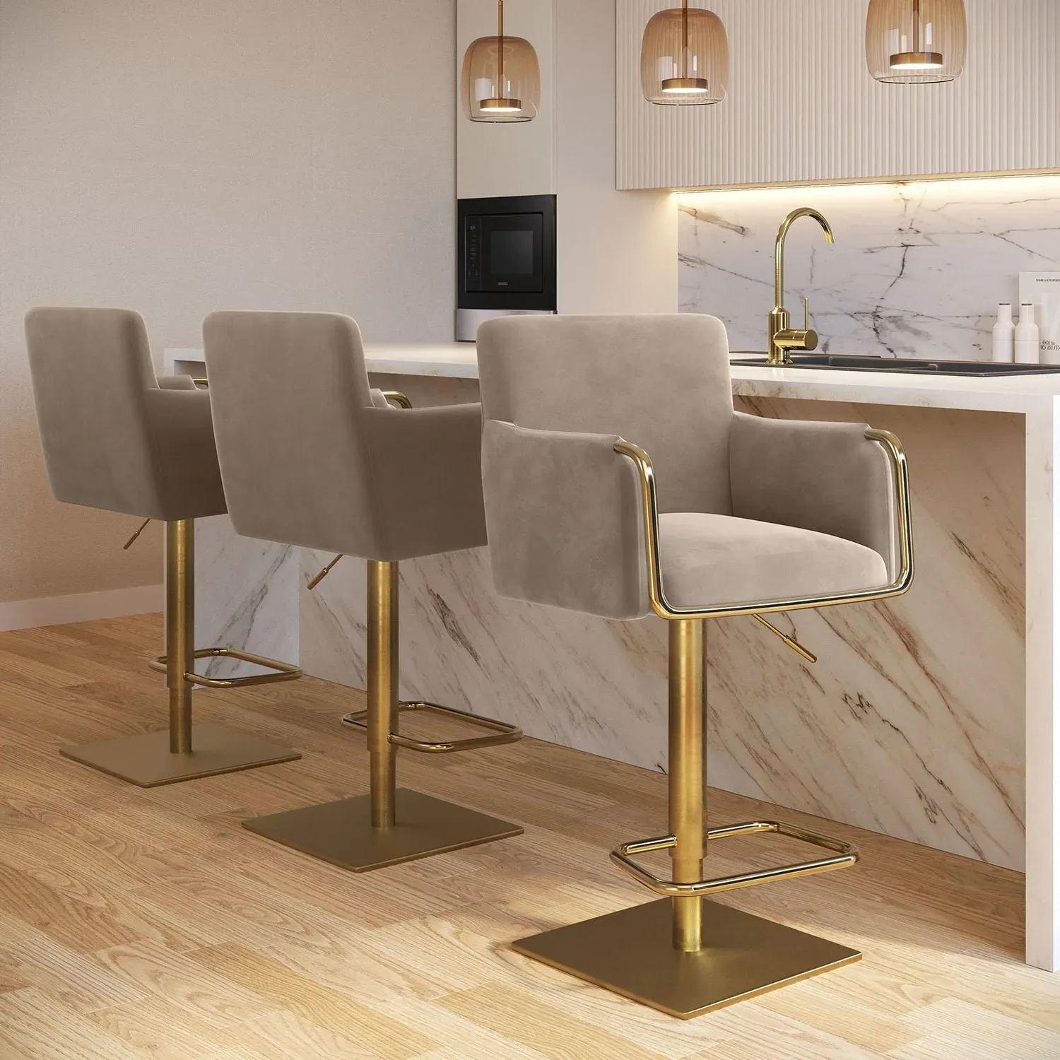 Set of 3 Swivel Bar Stools Adjustable - Mink, Velvet image