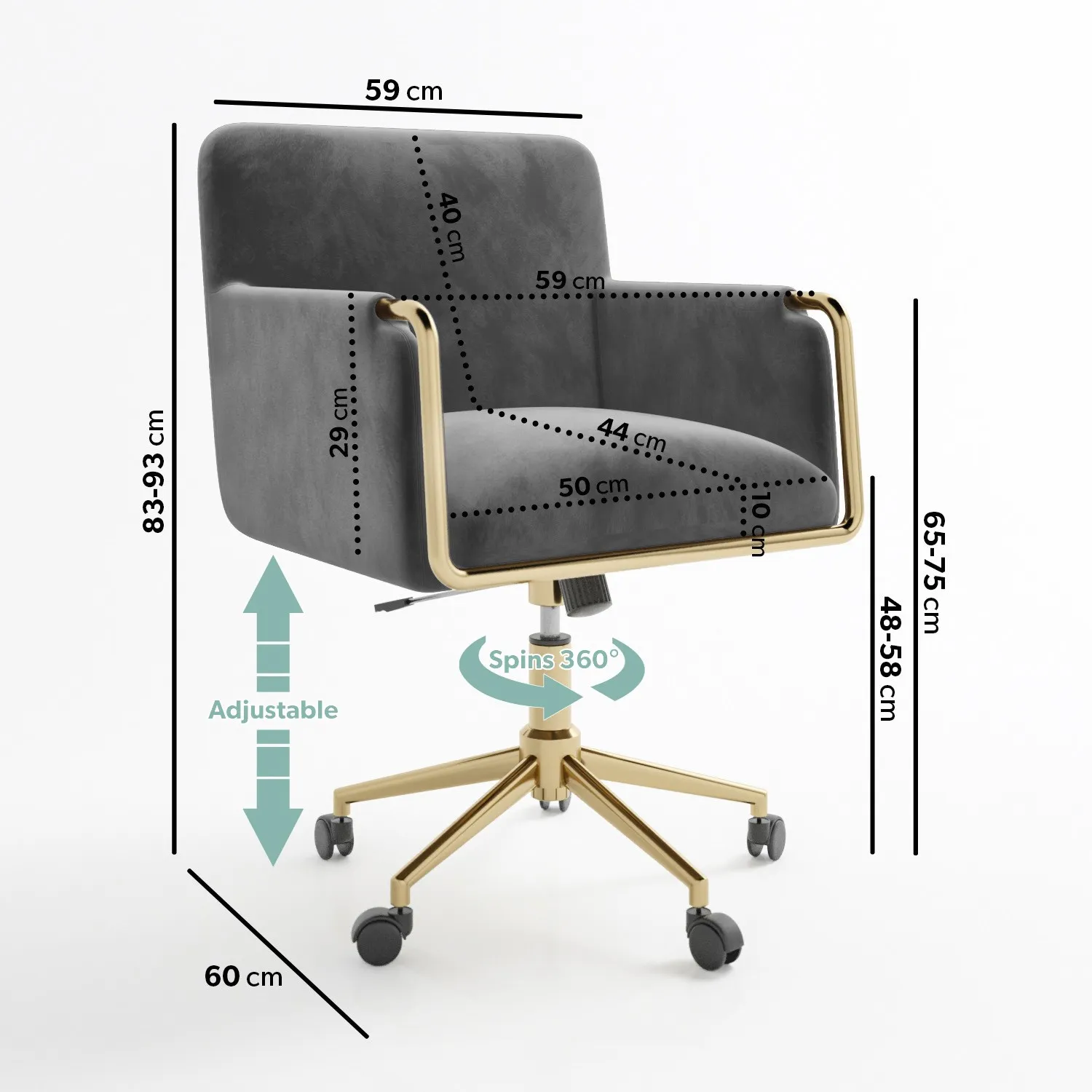 Tub Swivel Office Chair with Gas Lift - Grey, Velvet