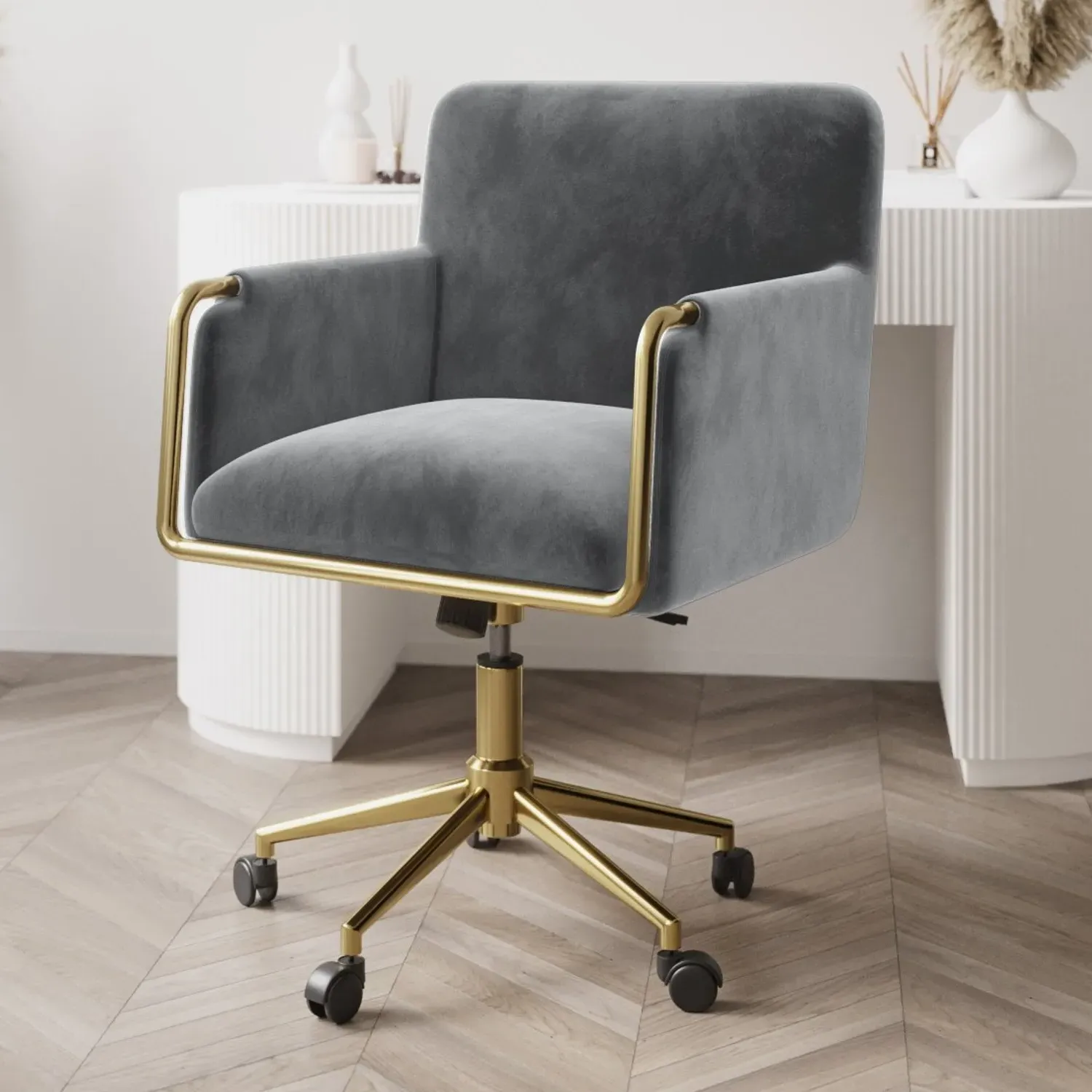 Tub Swivel Office Chair with Gas Lift - Grey, Velvet image