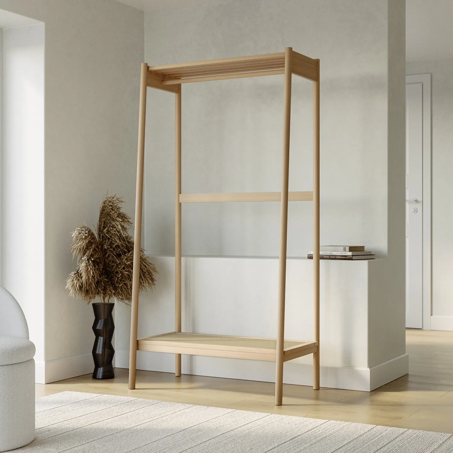 Open Wardrobe with Cane Shelf - Brown, Beech Wood