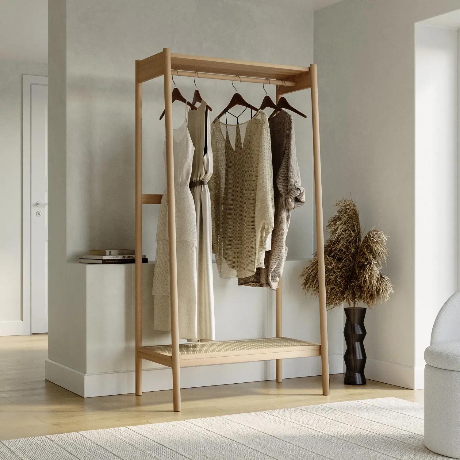 Open Wardrobe with Cane Shelf - Brown, Beech Wood image
