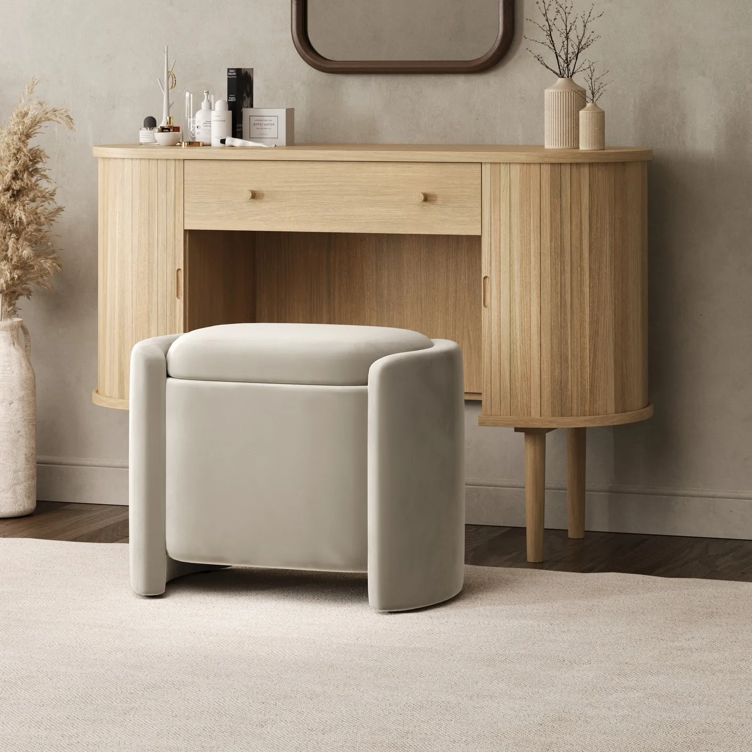 Curved Ottoman Stool with Storage - Beige, Velvet