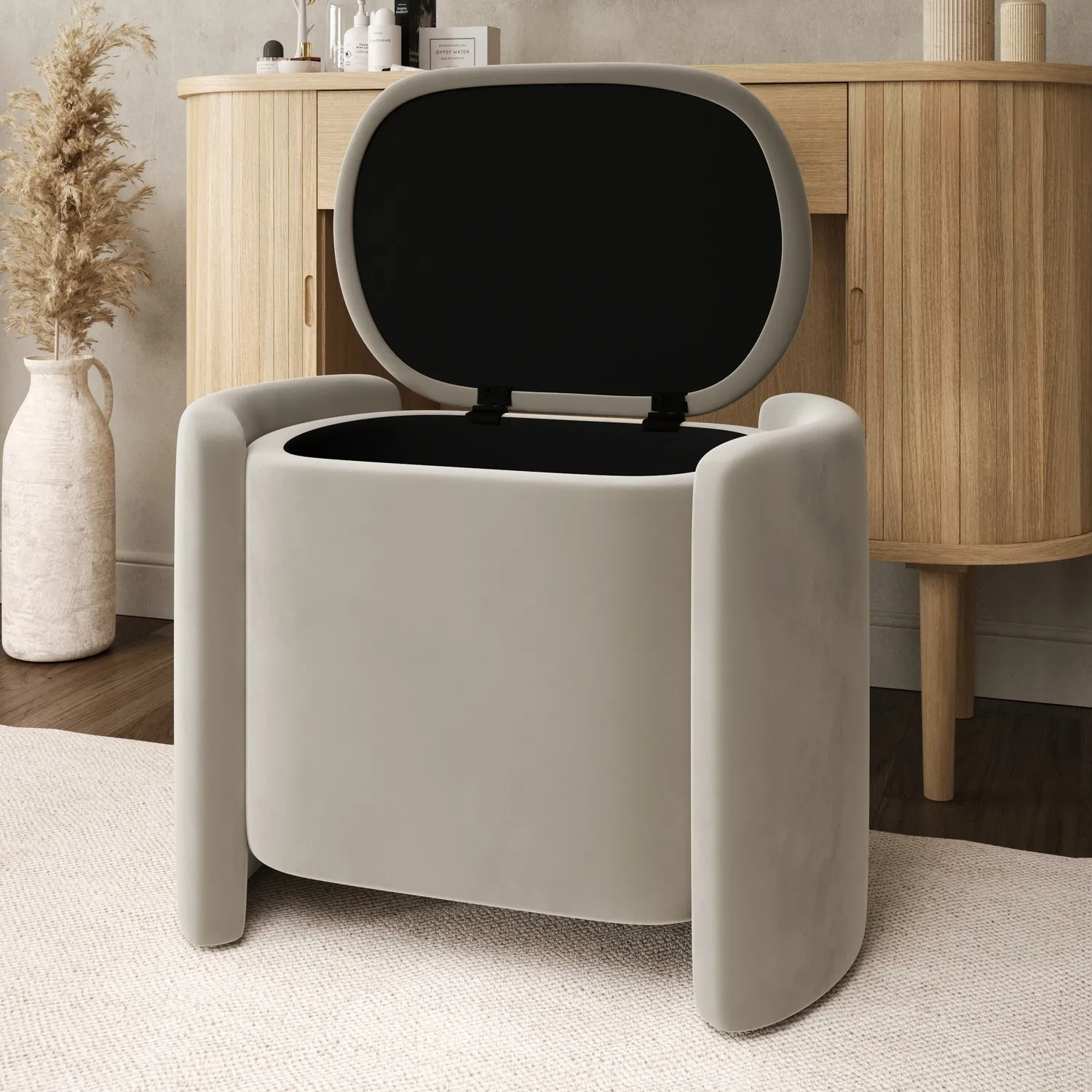 Curved Ottoman Stool with Storage - Beige, Velvet