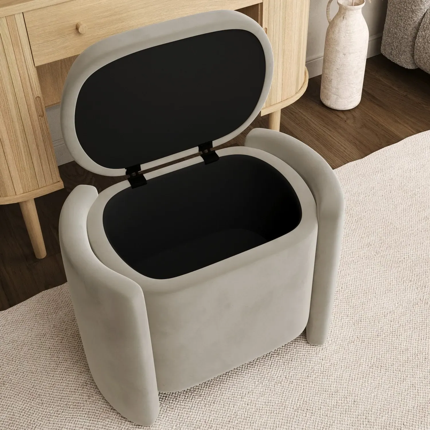 Curved Ottoman Stool with Storage - Beige, Velvet