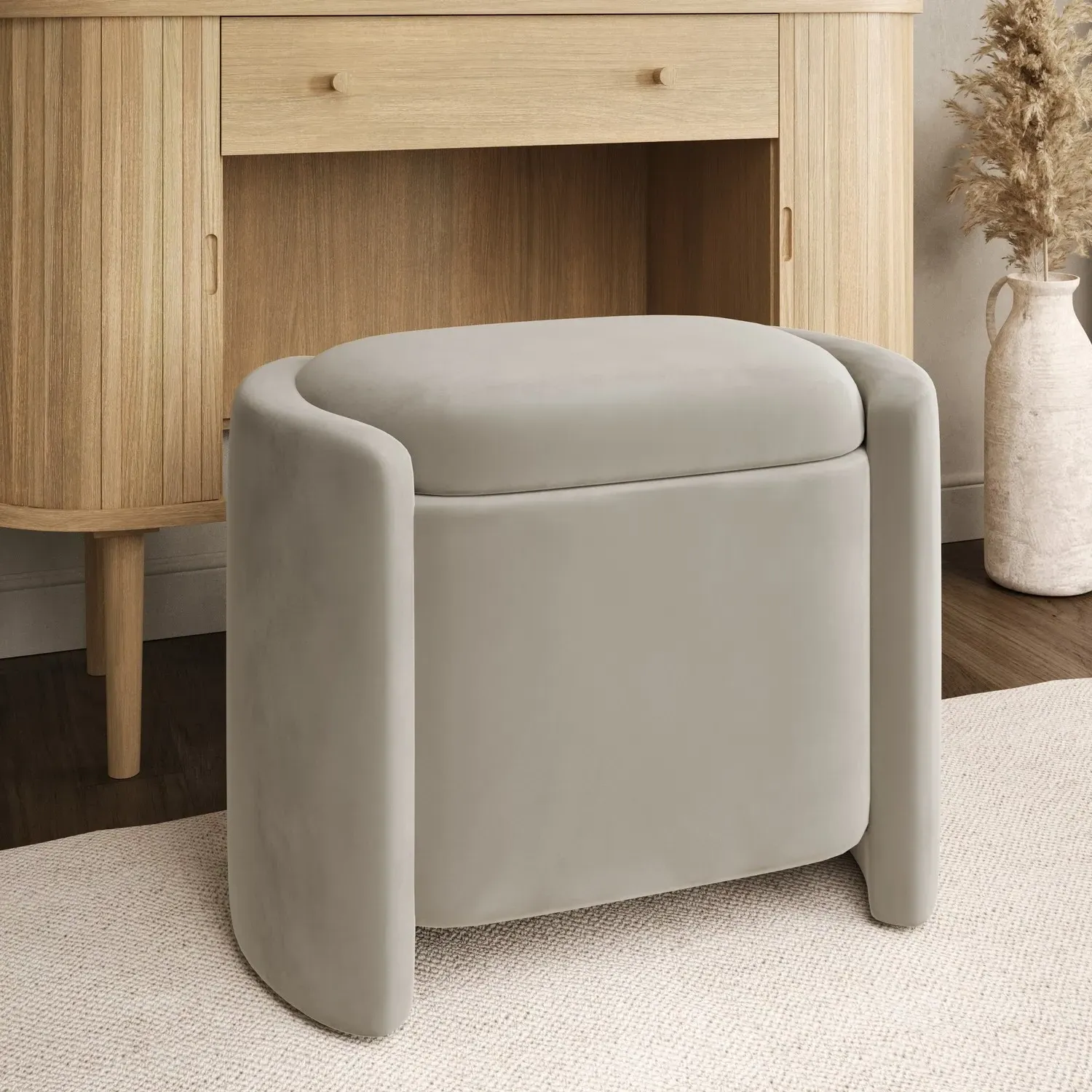 Curved Ottoman Stool with Storage - Beige, Velvet image