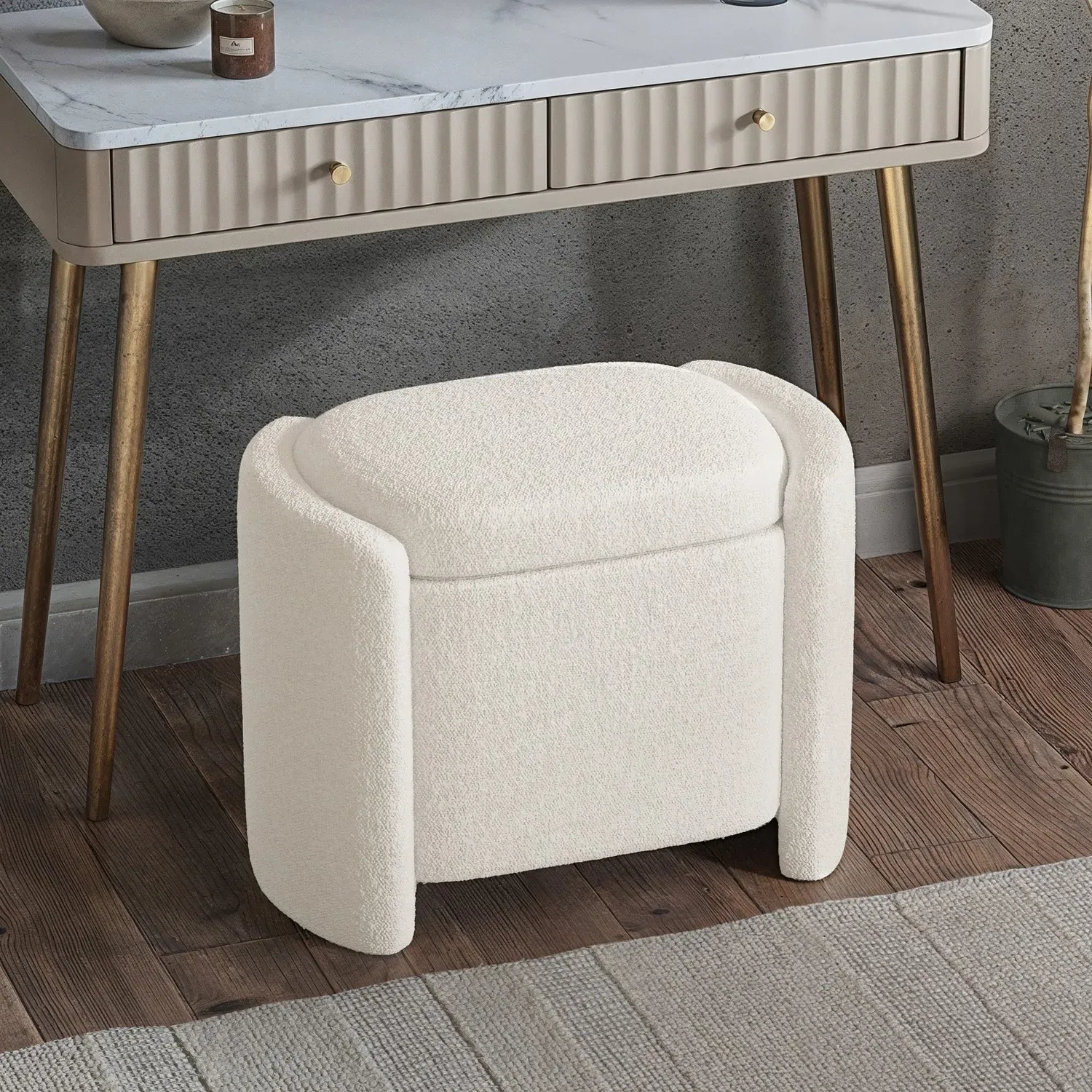 Ottoman Stool with Storage - Cream, Boucle