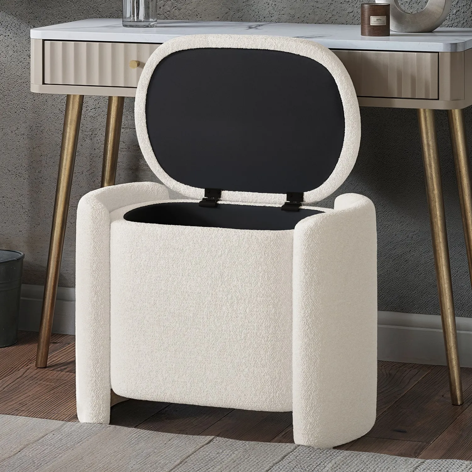 Ottoman Stool with Storage - Cream, Boucle