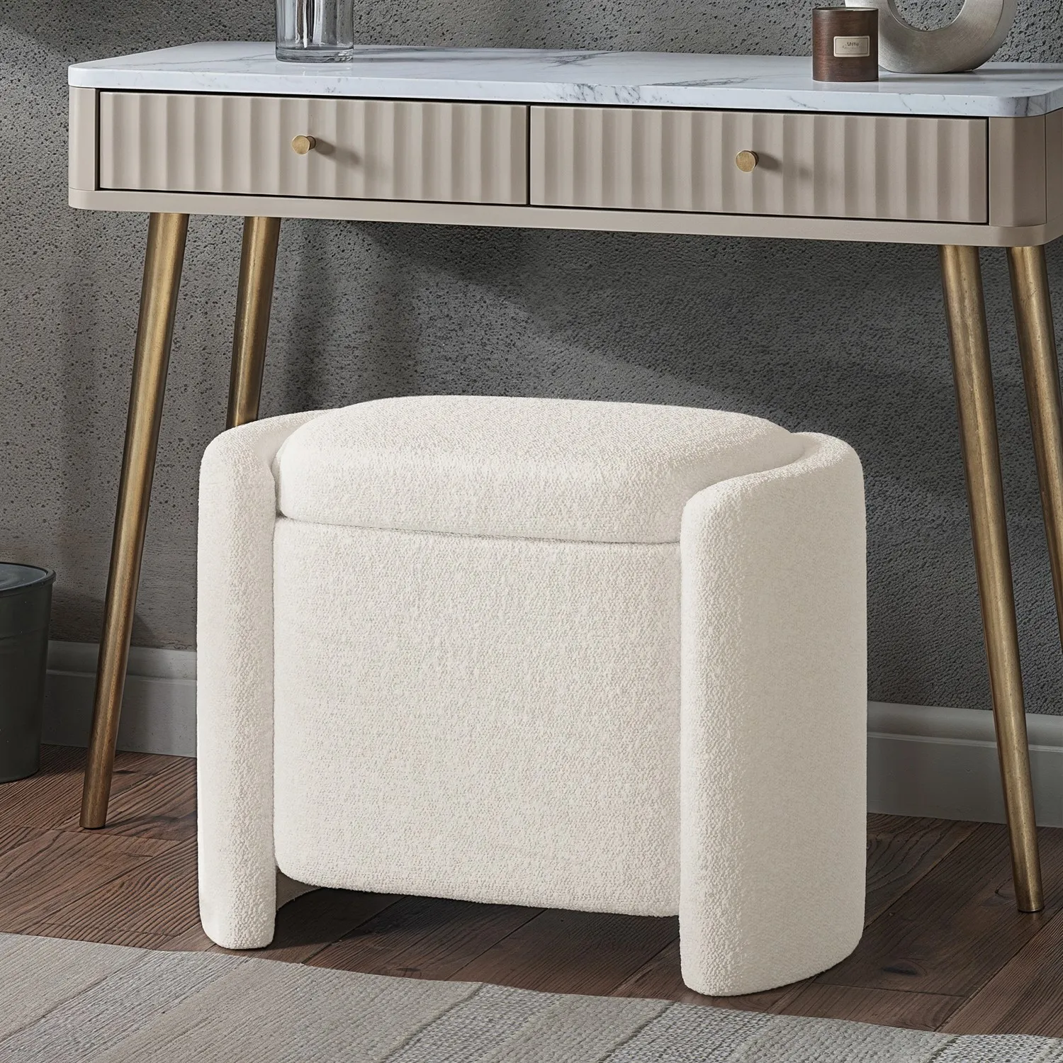 Ottoman Stool with Storage - Cream, Boucle