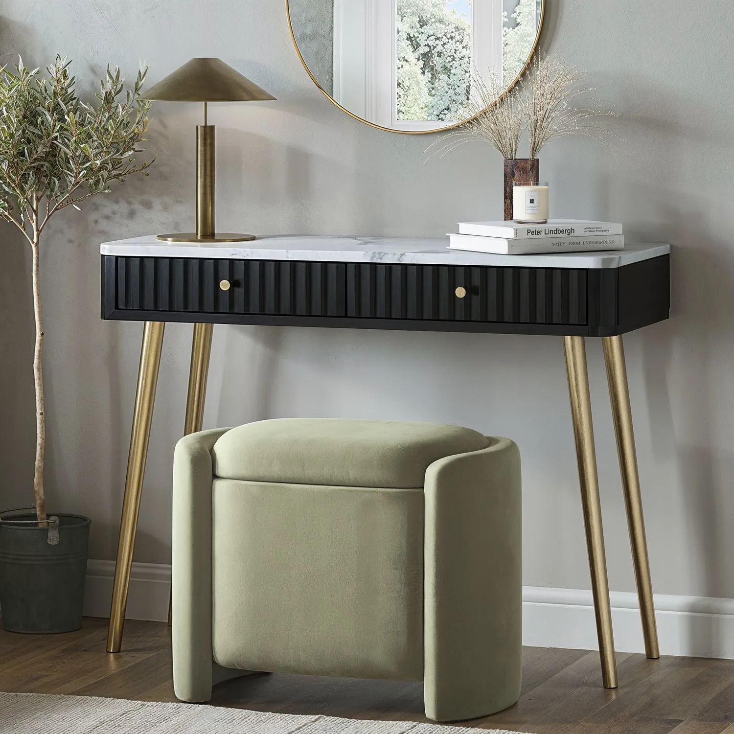 Ottoman Stool with Storage - Green, Velvet