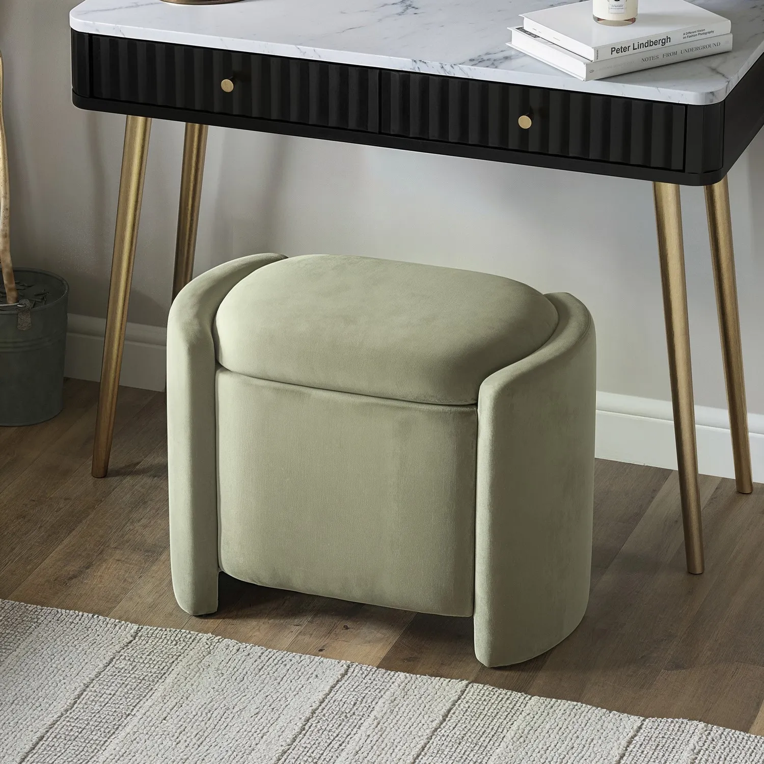 Ottoman Stool with Storage - Green, Velvet